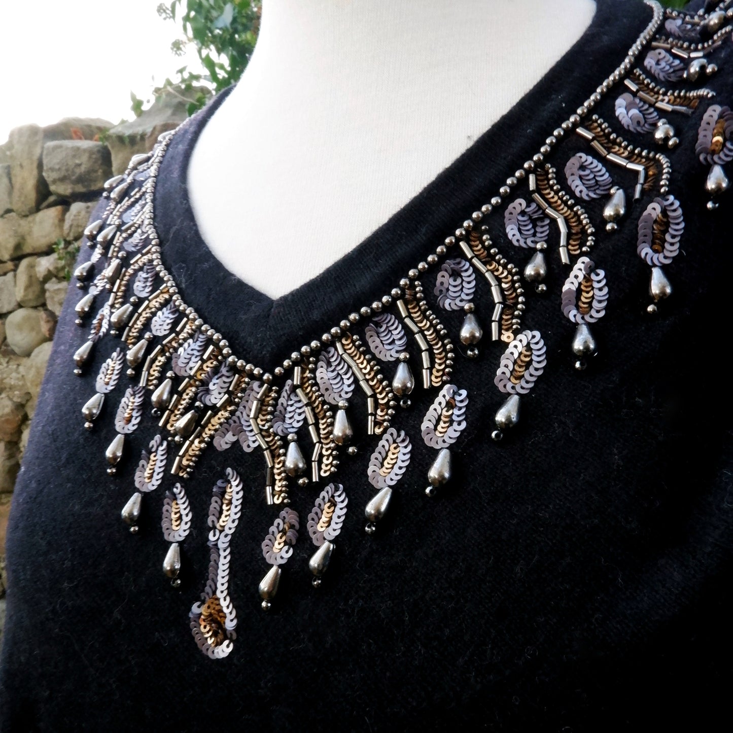 Cashmere Poncho - Black Beaded
