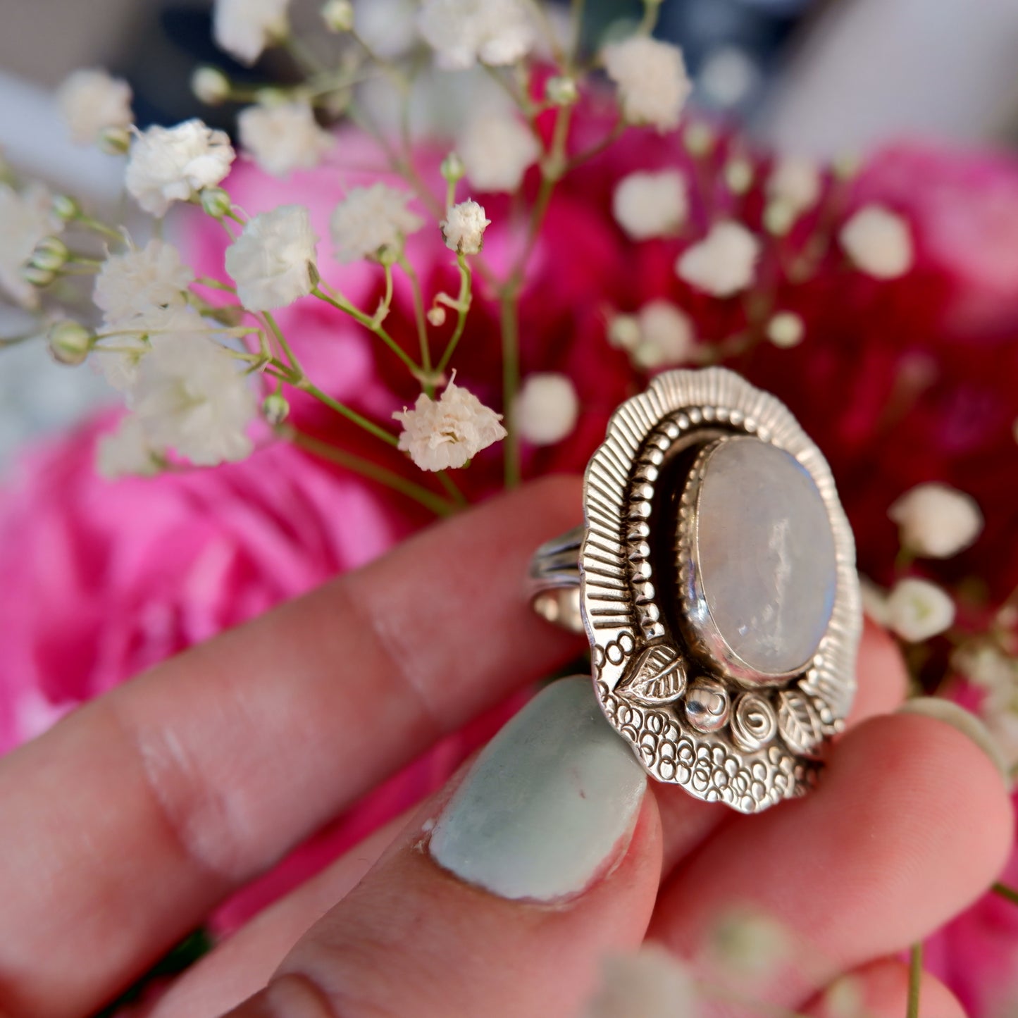 Moonstone Flowers Ring