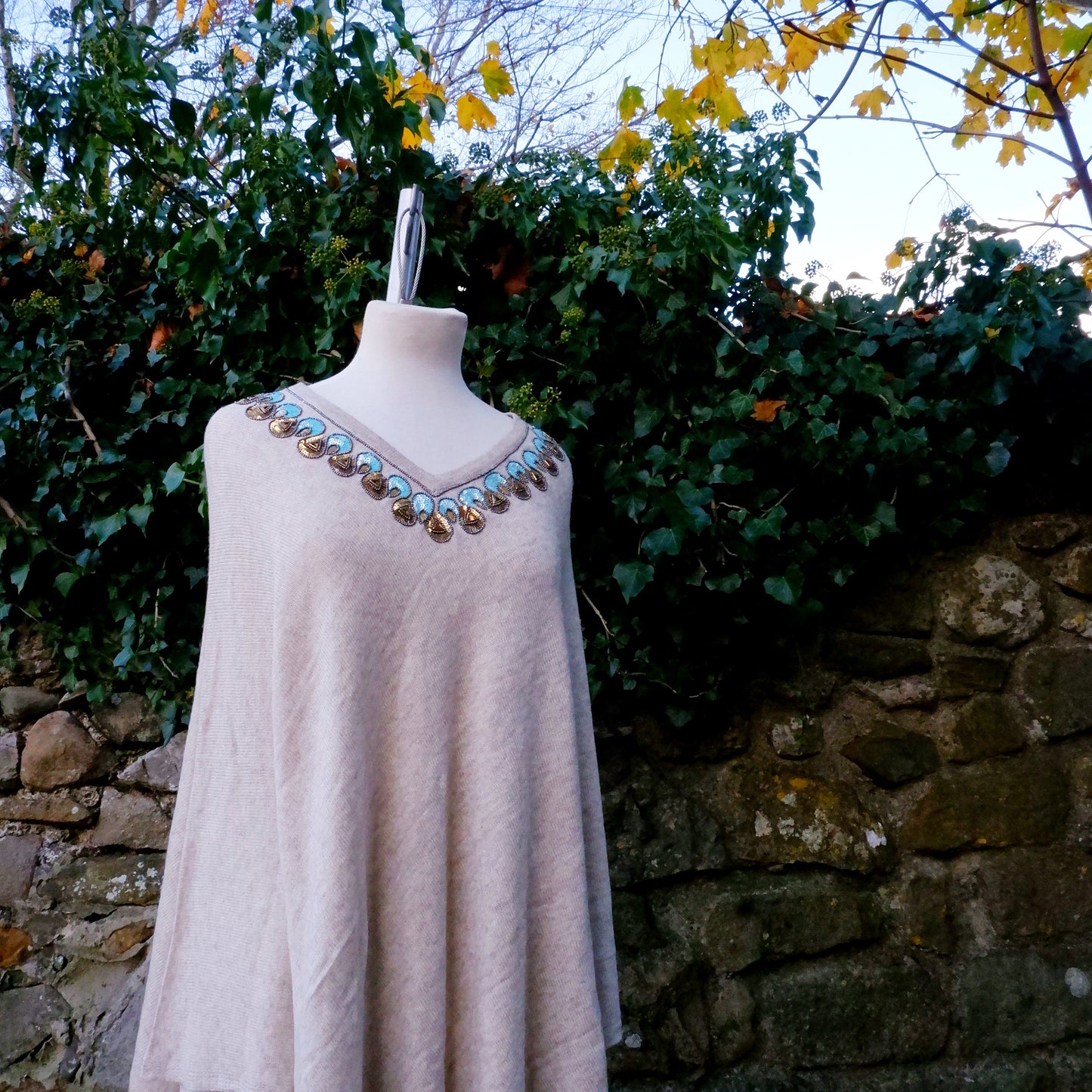 Cashmere Poncho - Biscuit with Blue Sequin