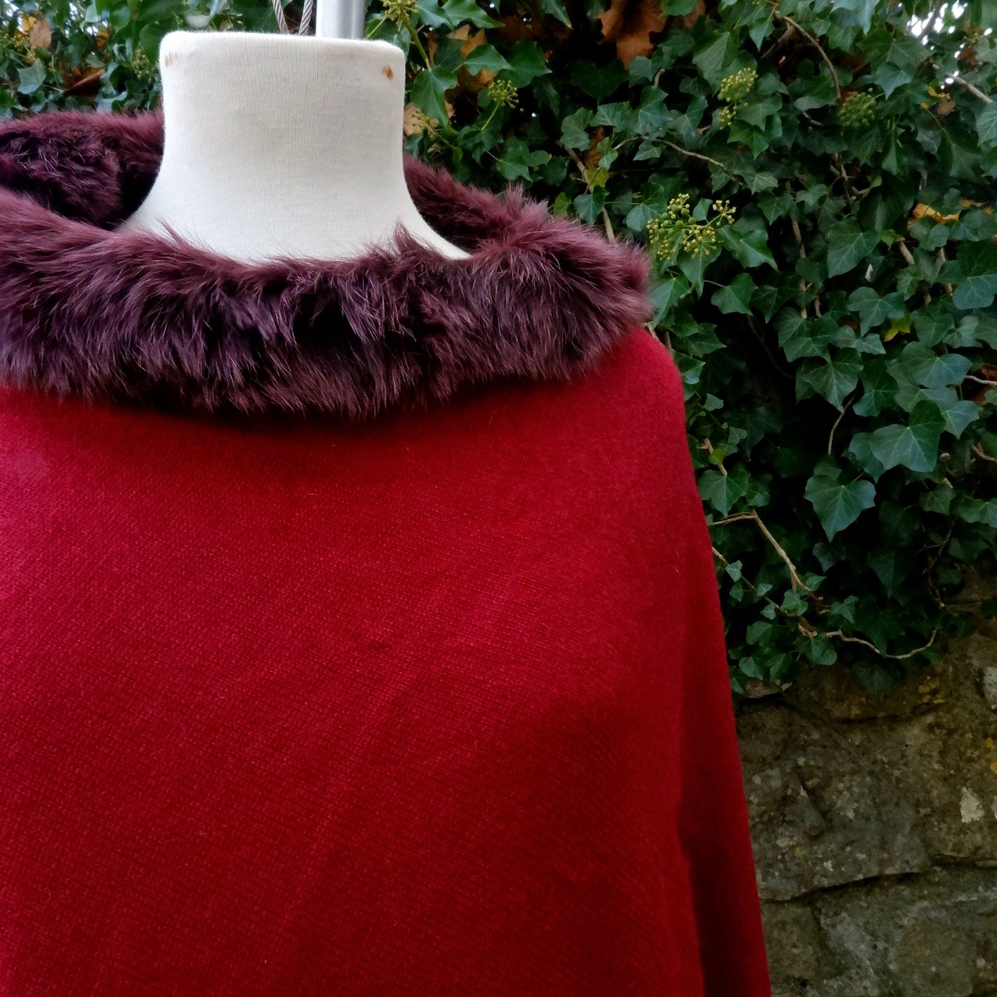 Cashmere Poncho - Berry Red Faux Fur