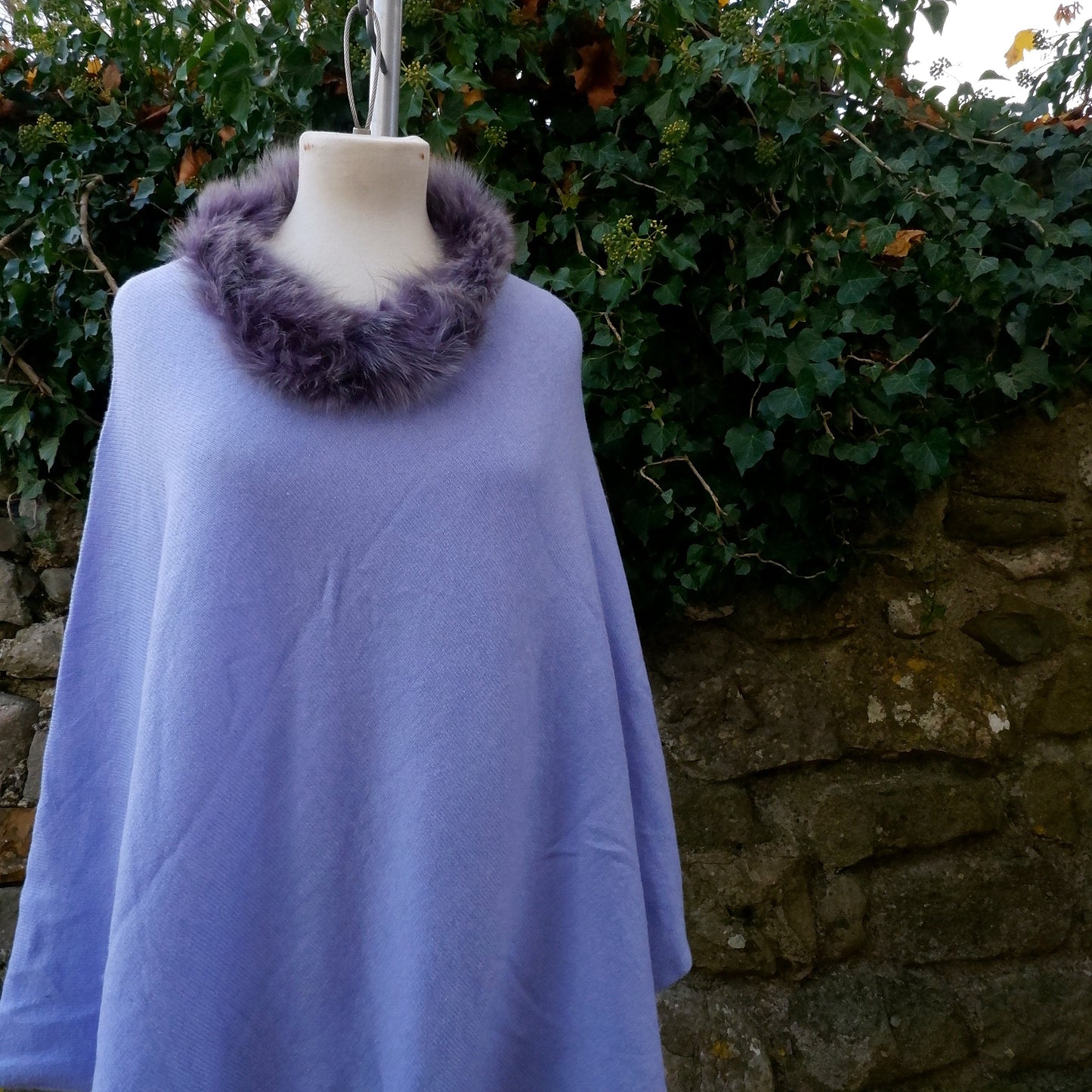 Cashmere Poncho - Dusky Blue Faux Fur