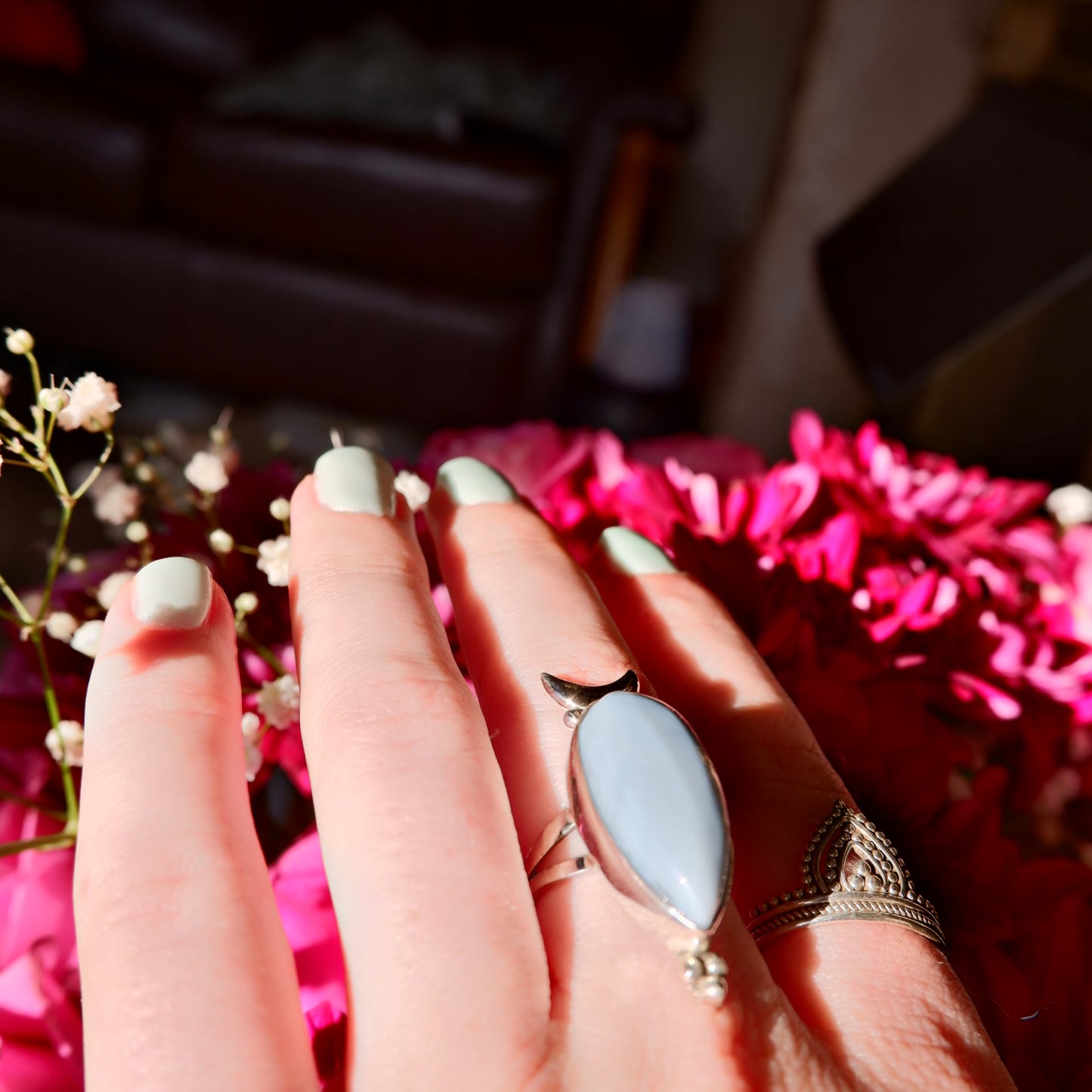 Blue Opal Moon Ring