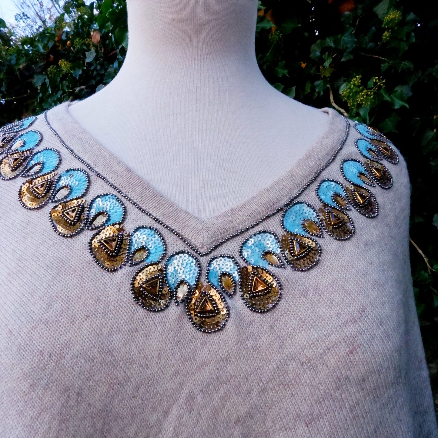 Cashmere Poncho - Biscuit with Blue Sequin