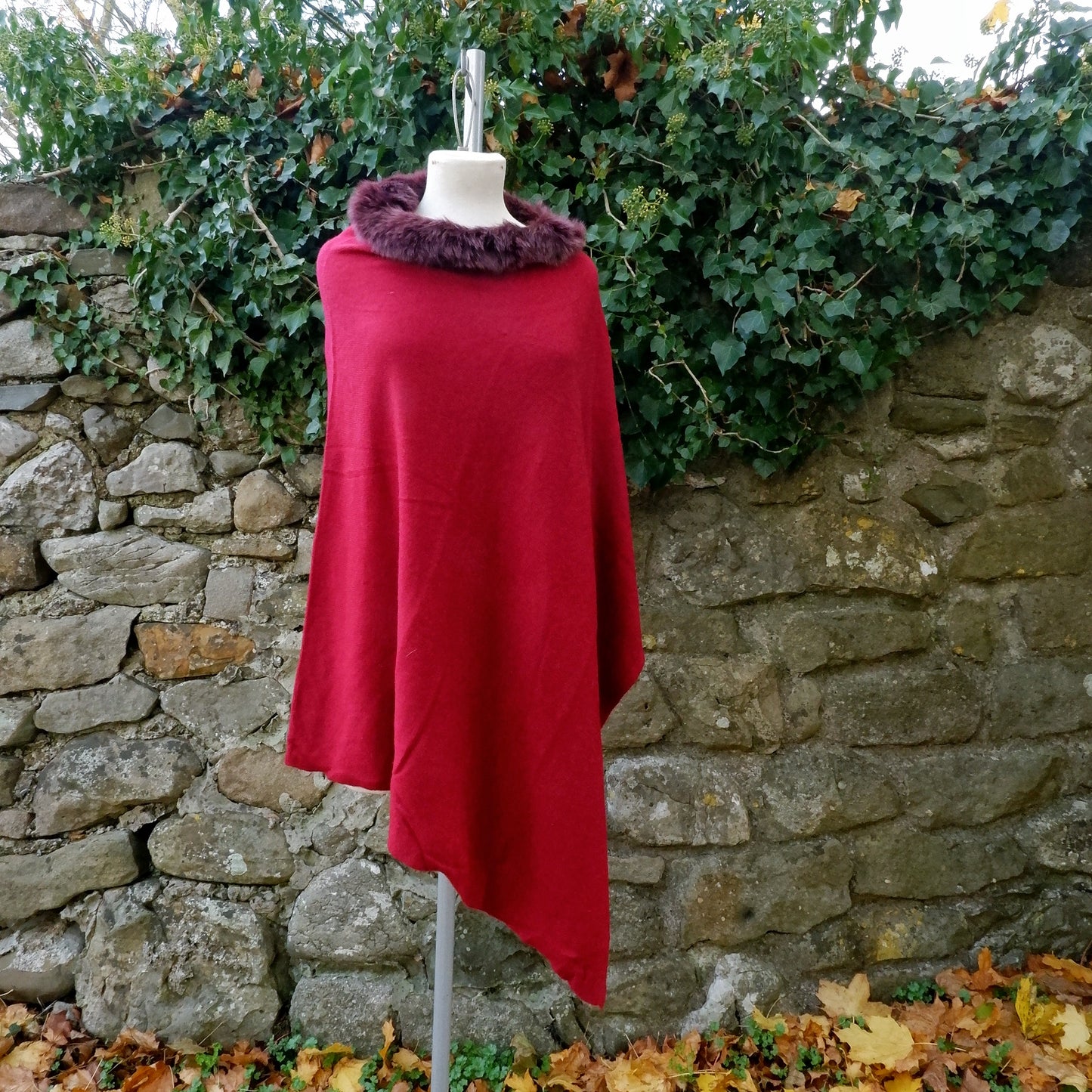 Cashmere Poncho - Berry Red Faux Fur
