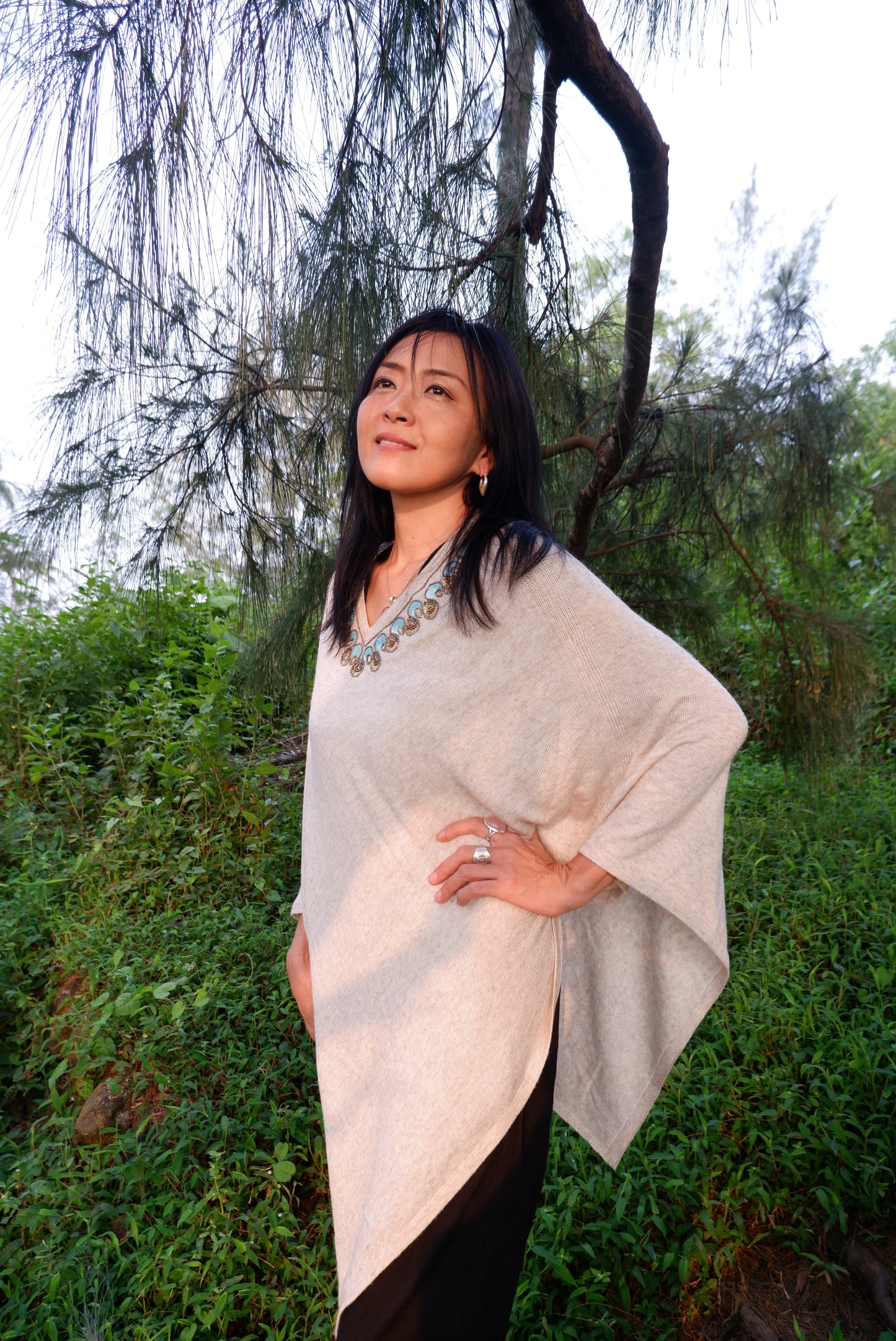Cashmere Poncho - Biscuit with Blue Sequin