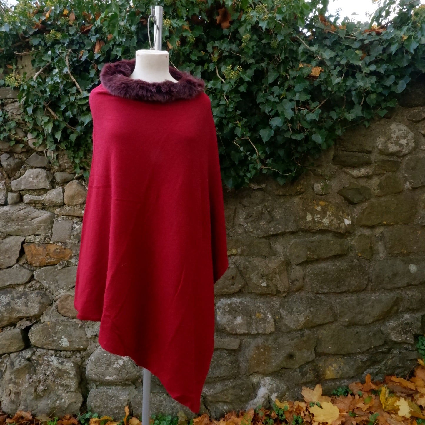 Cashmere Poncho - Berry Red Faux Fur