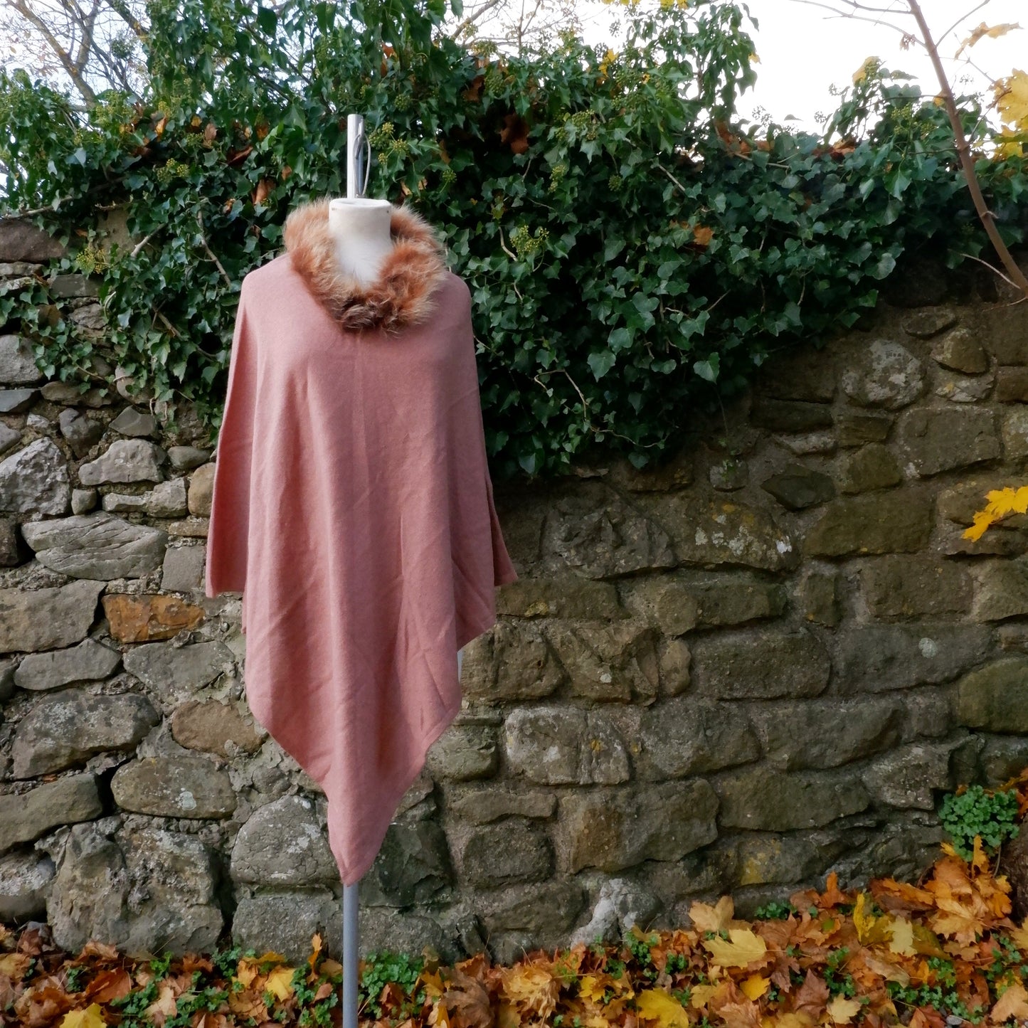 Cashmere Poncho - Dusky Pink with Sunset Faux Fur