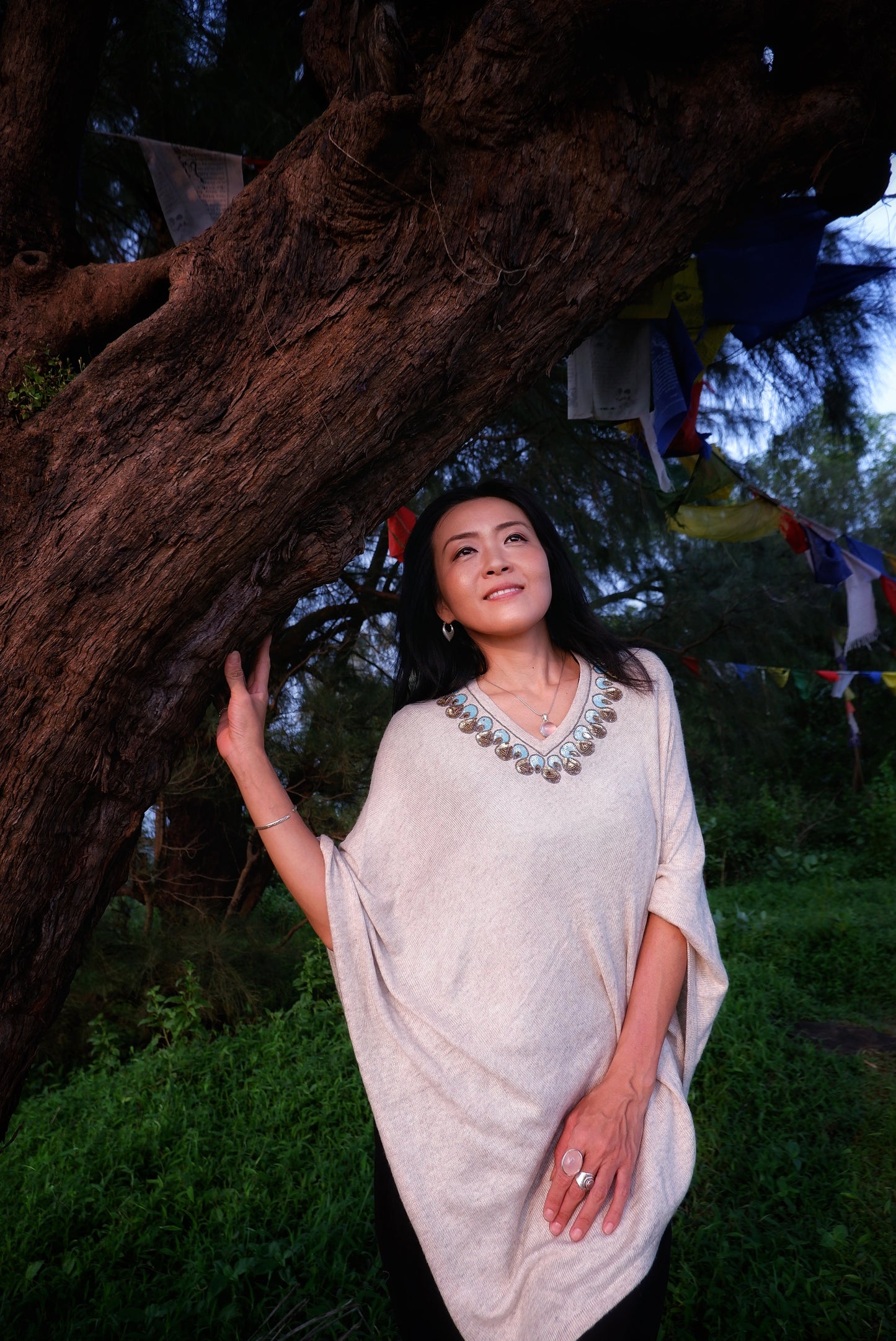 Cashmere Poncho - Biscuit with Blue Sequin