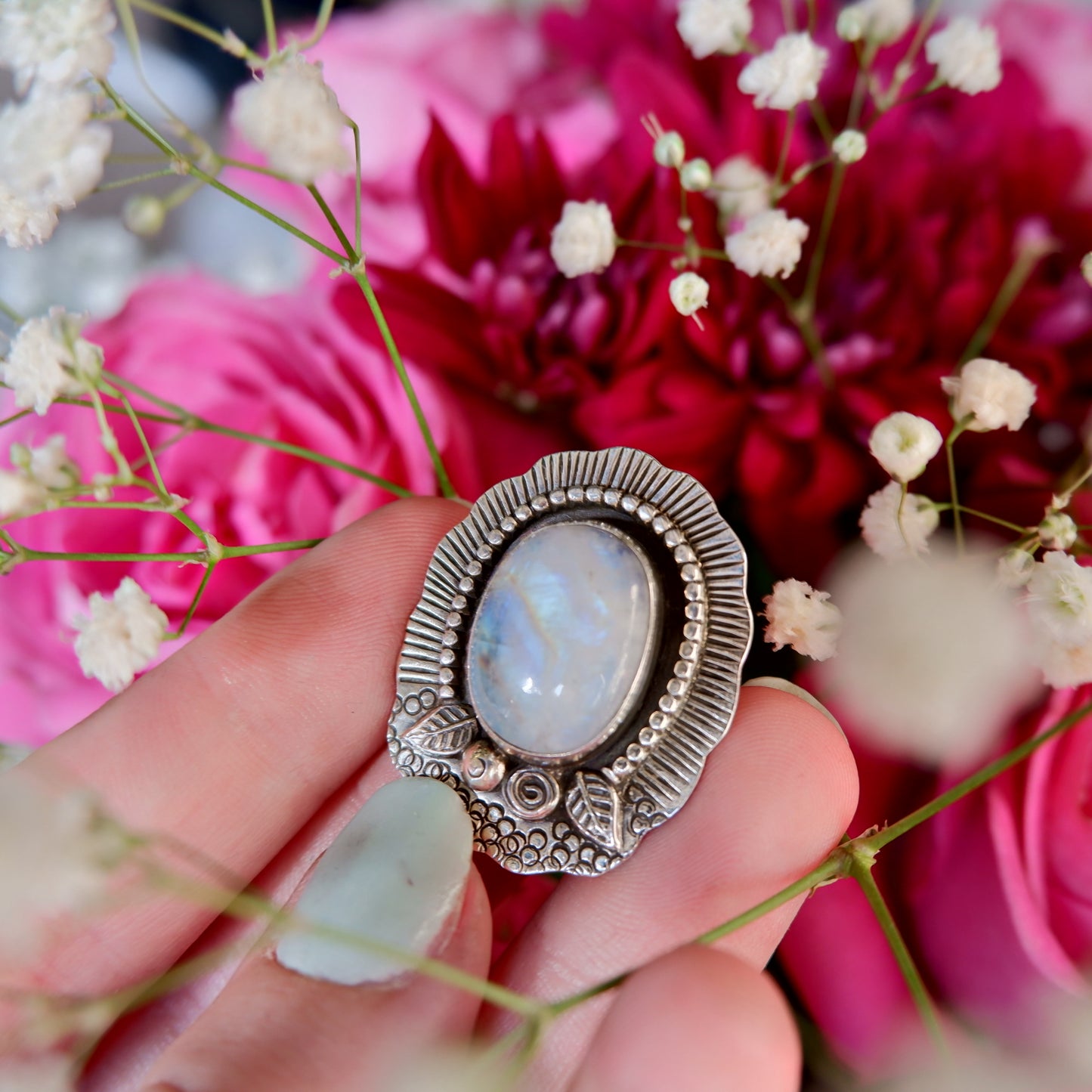 Moonstone Flowers Ring