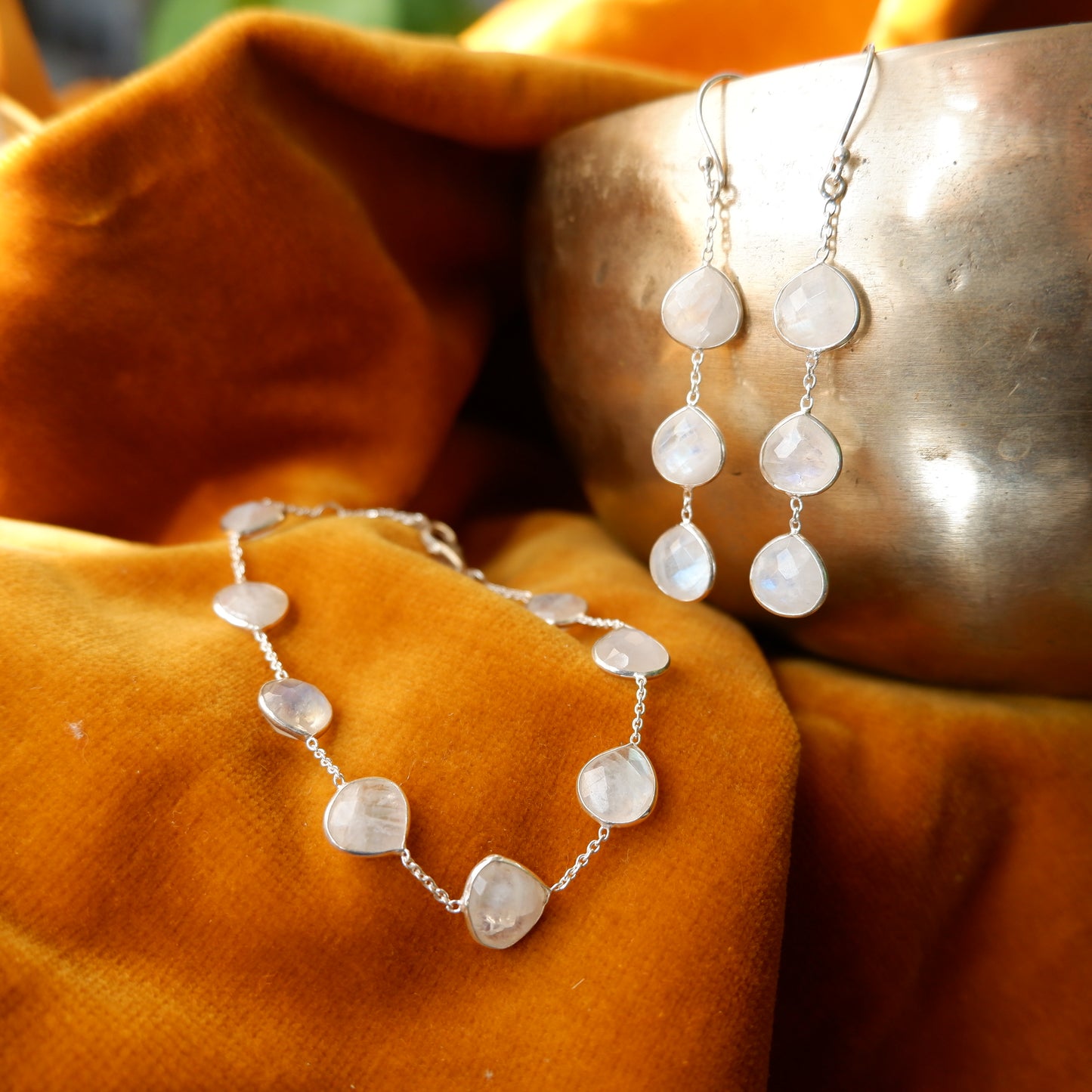 Jasmine - Moonstone faceted Silver Drop Earrings - matching bracelet
