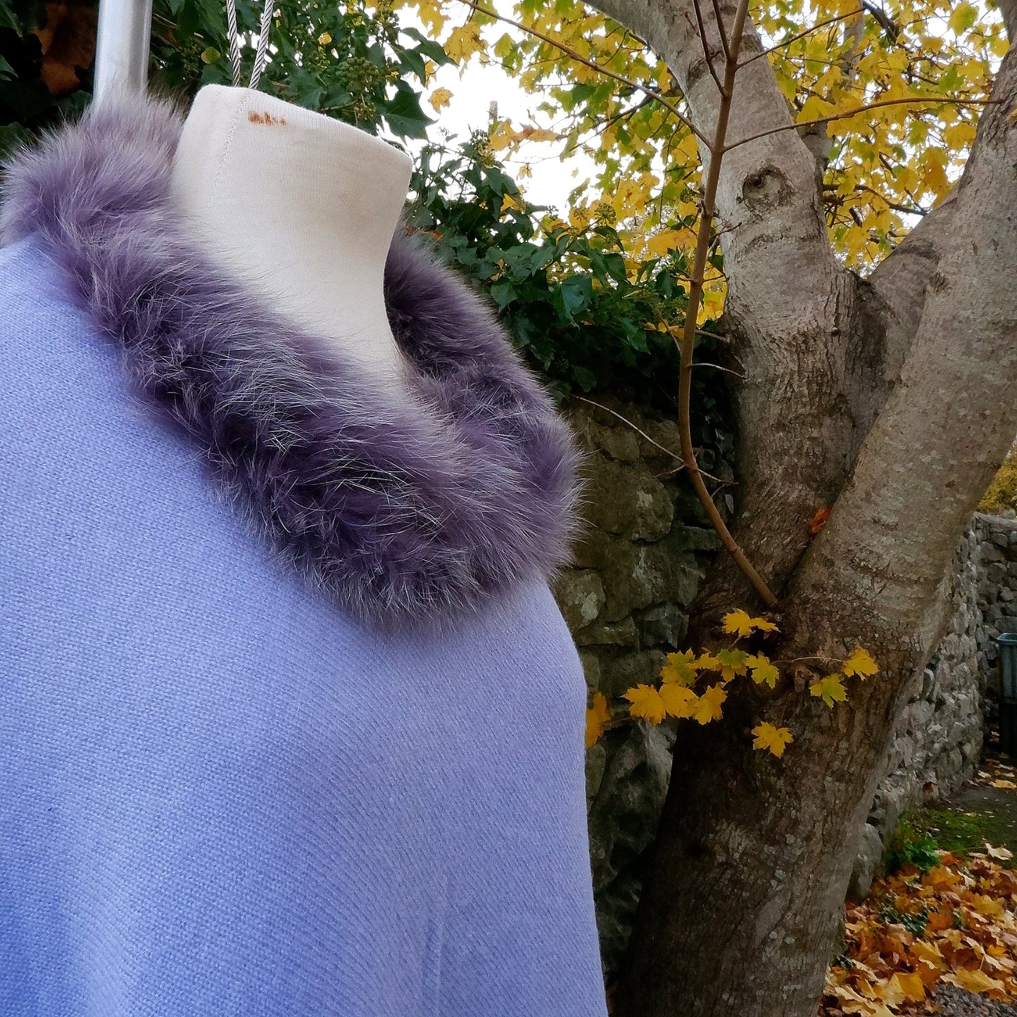 Cashmere Poncho - Dusky Blue Faux Fur
