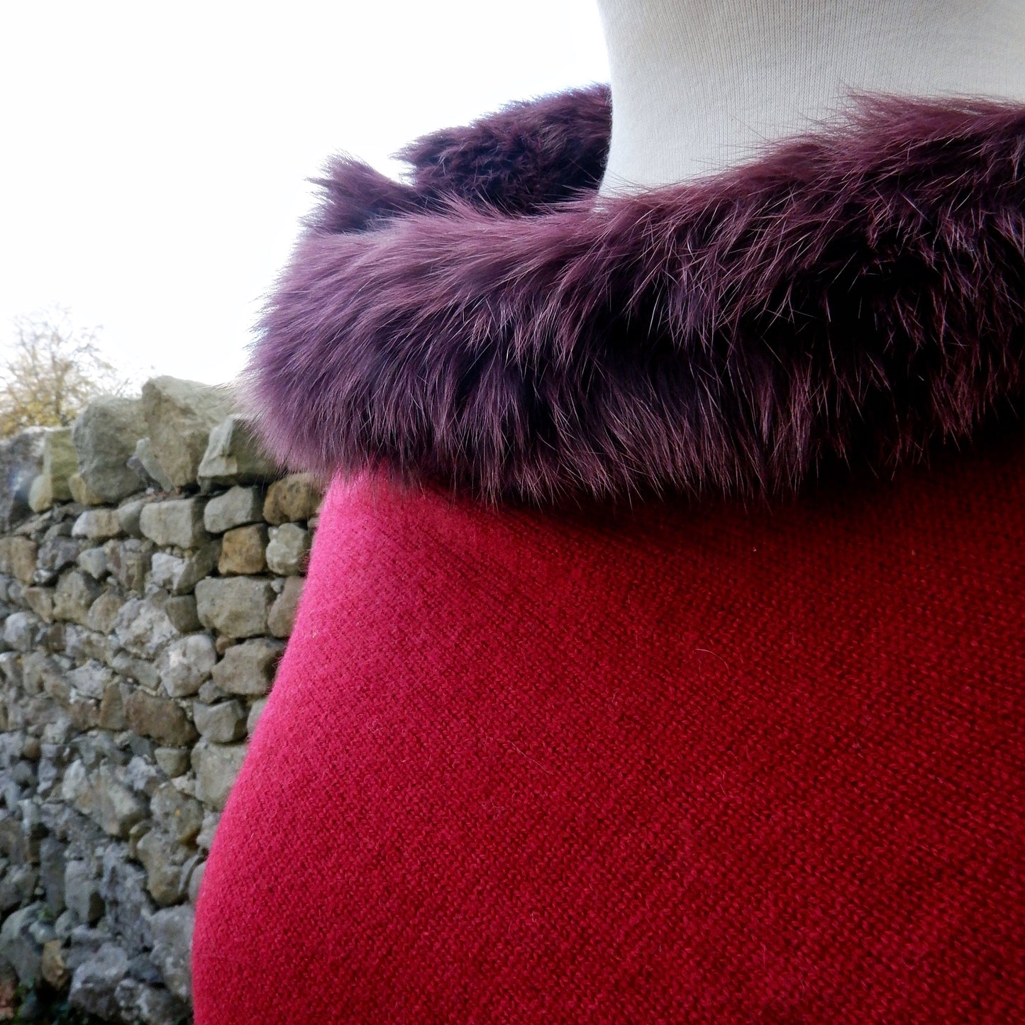 Cashmere Poncho - Berry Red Faux Fur