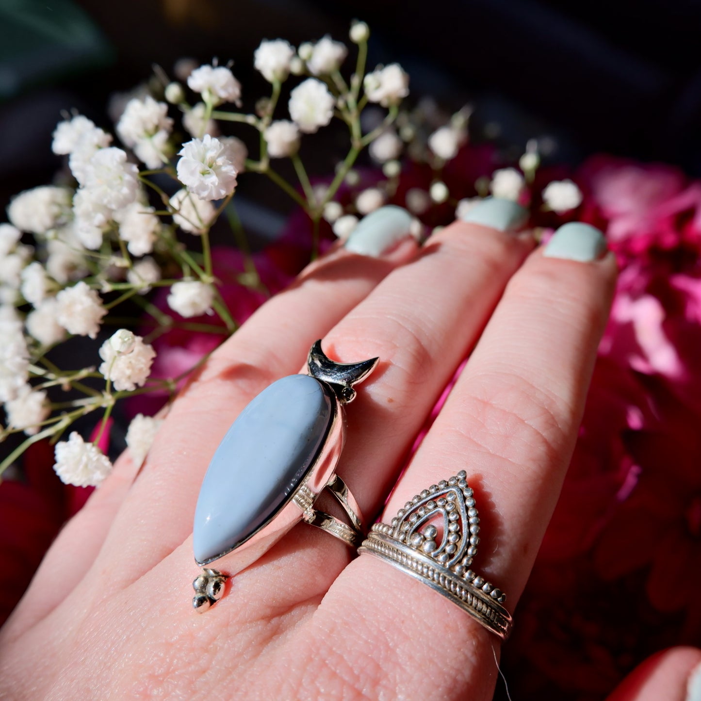 Blue Opal Moon Ring