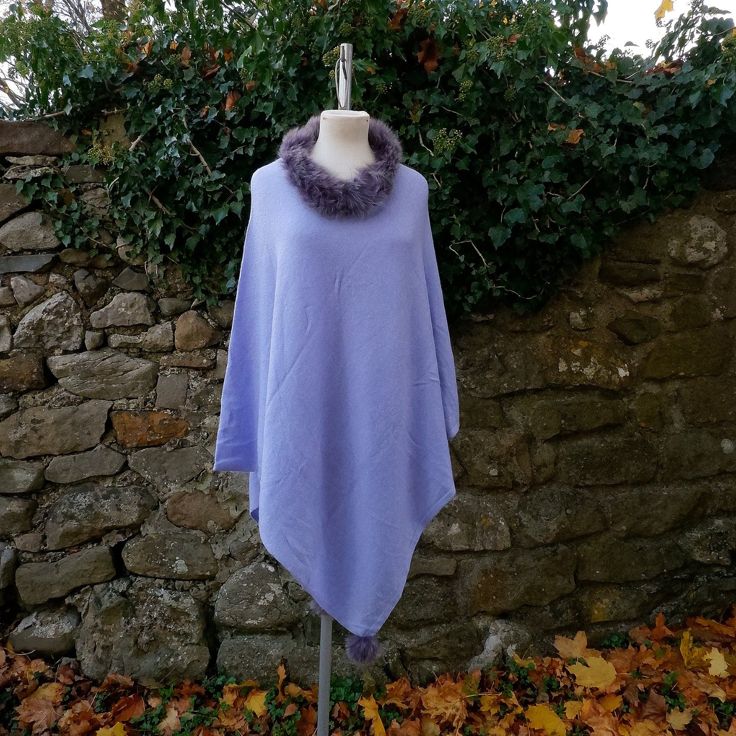 Cashmere Poncho - Dusky Blue Faux Fur