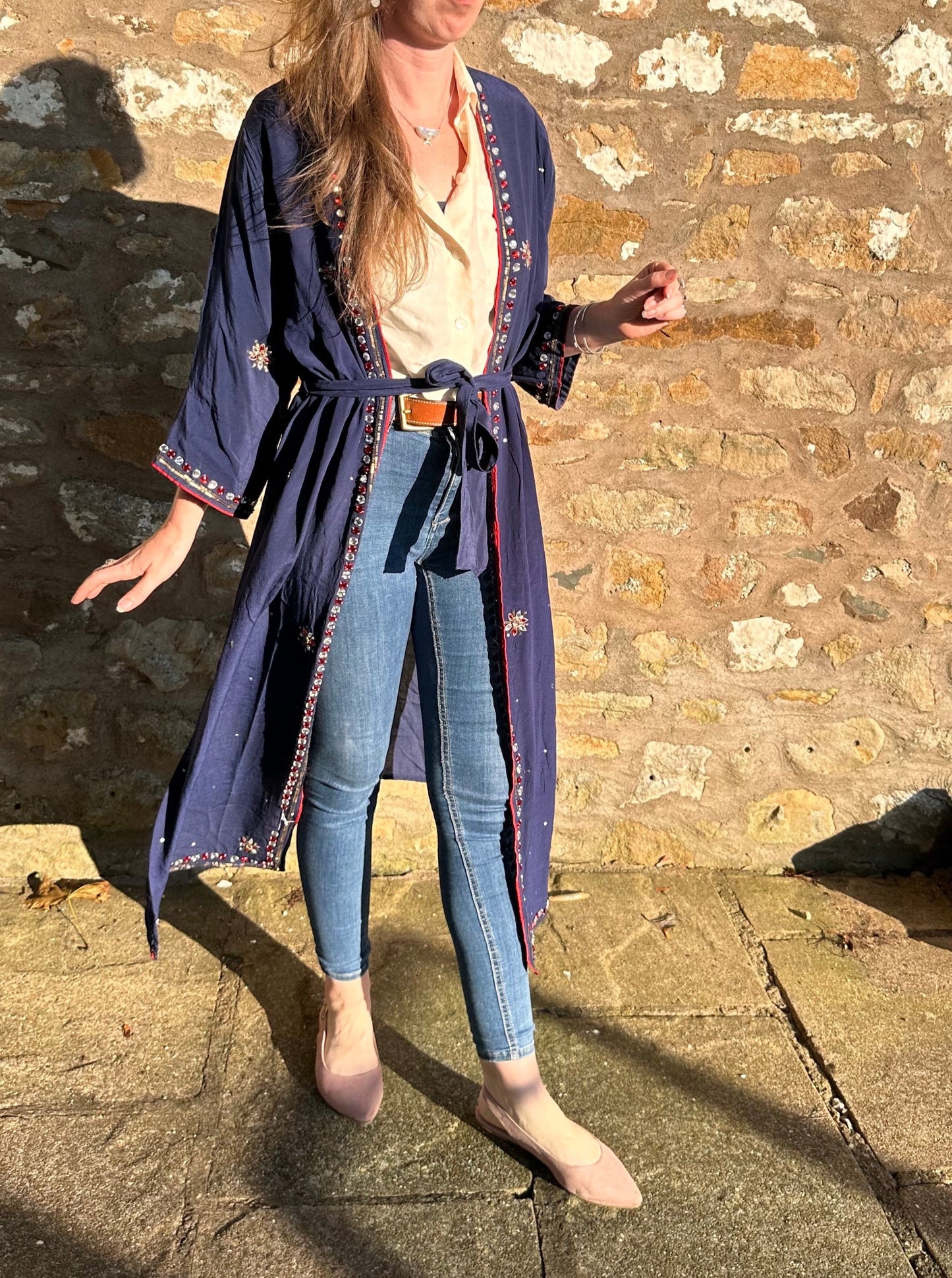 Ashley - Navy Blue with Red Beads Kimono