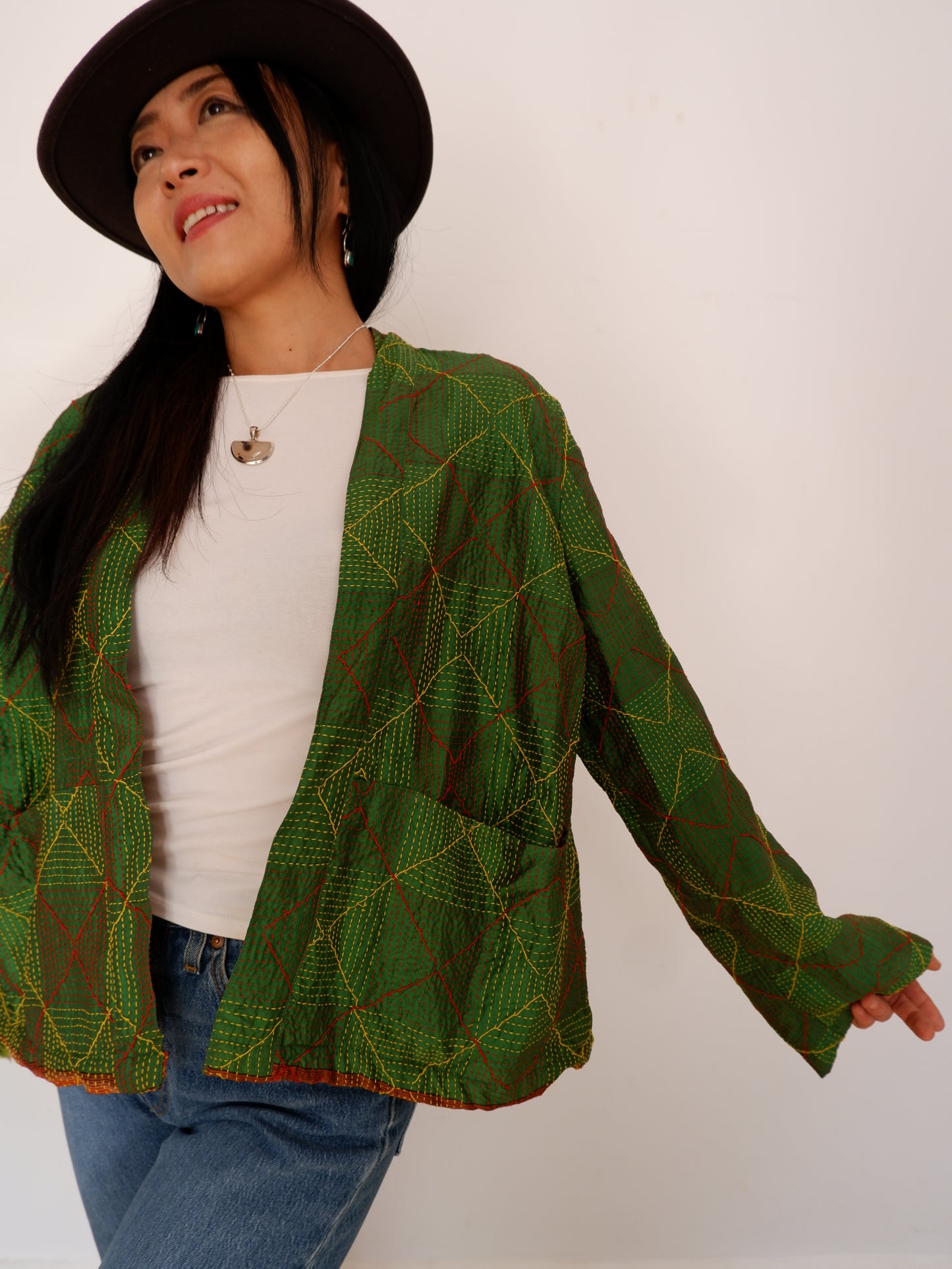 Kantha Jacket in Emerald and Gold