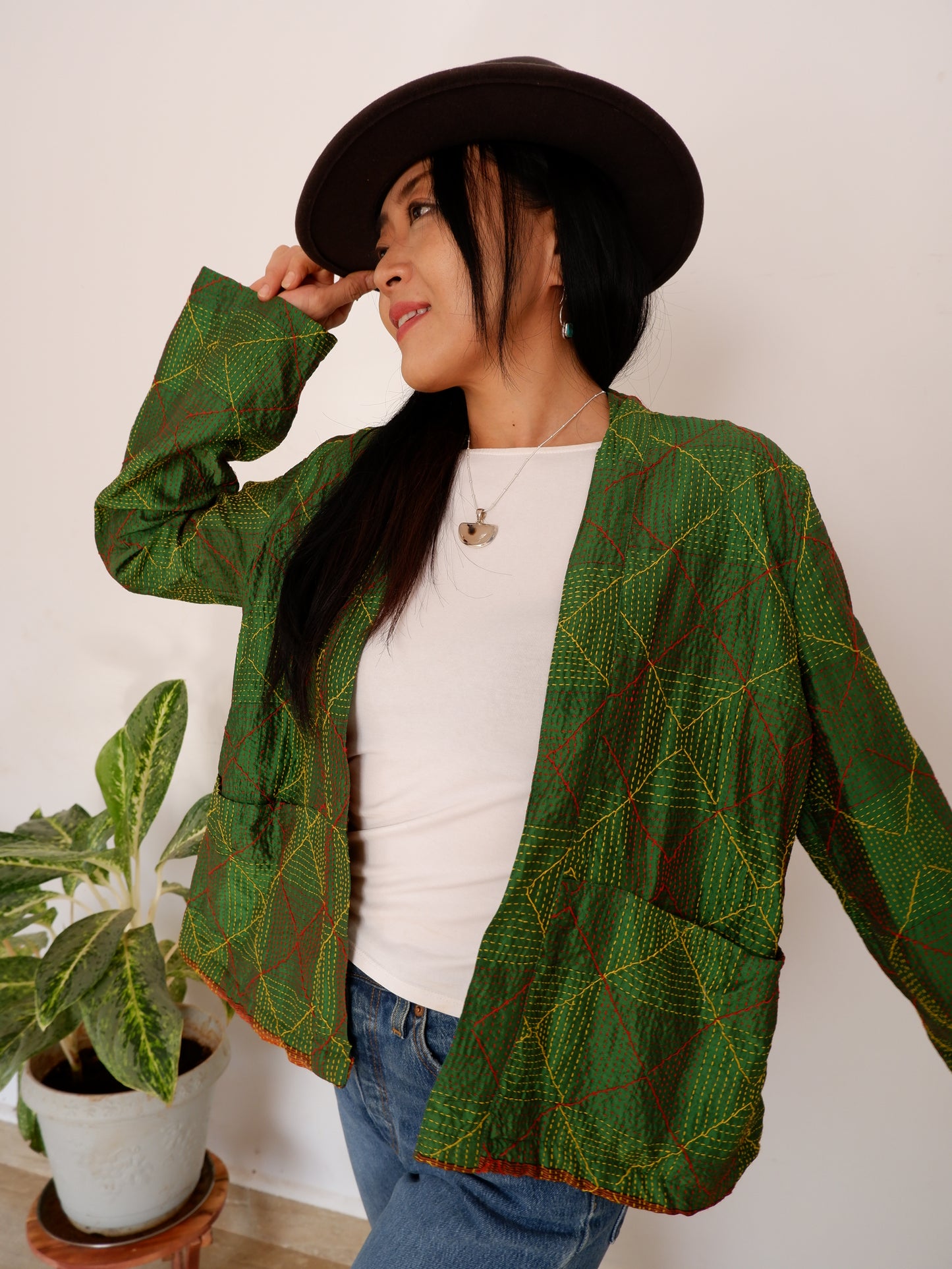 Kantha Jacket in Emerald and Gold