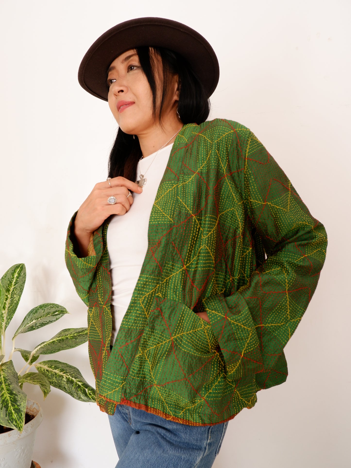 Kantha Jacket in Emerald and Gold