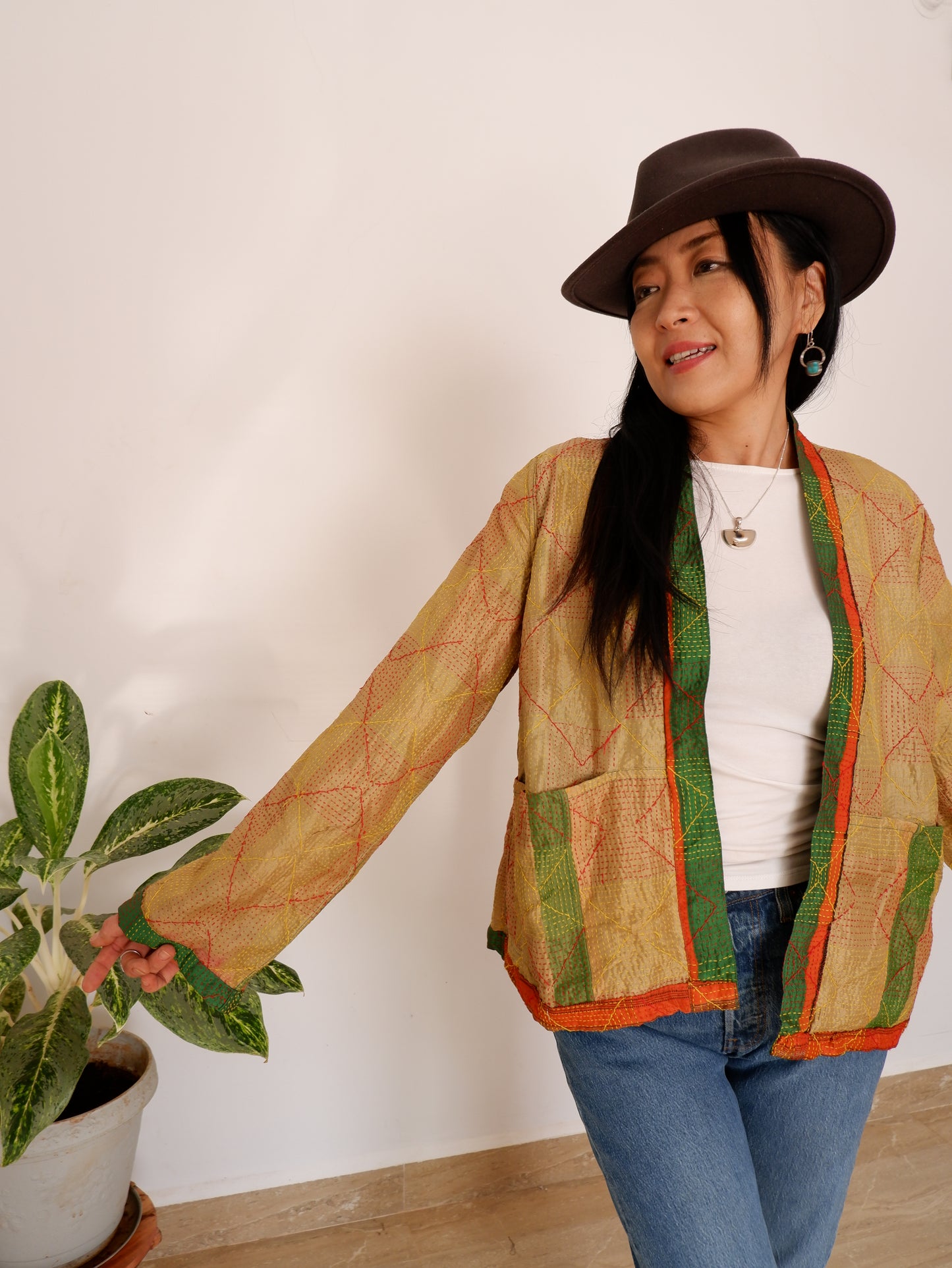 Kantha Jacket in Emerald and Gold