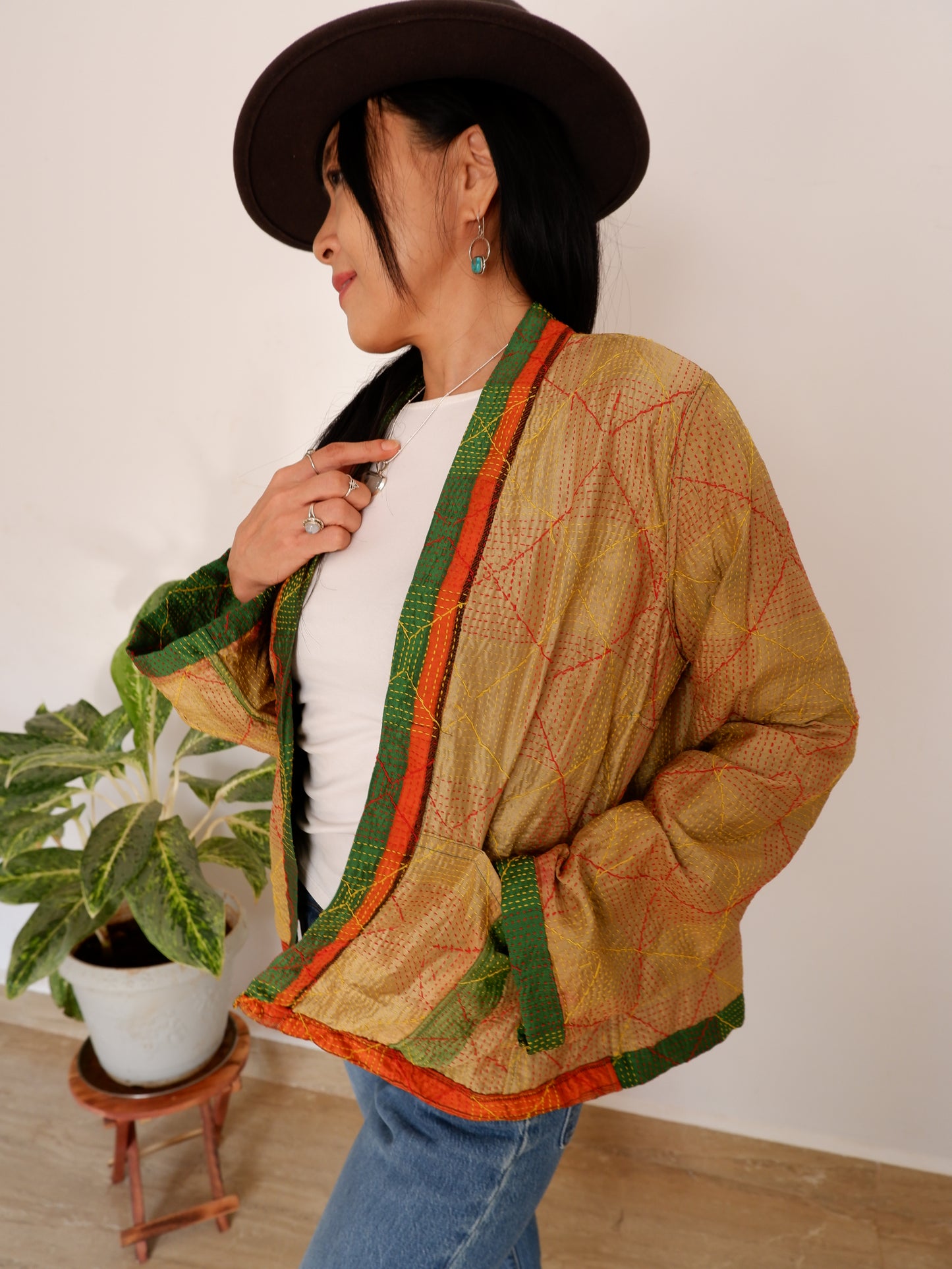 Kantha Jacket in Emerald and Gold