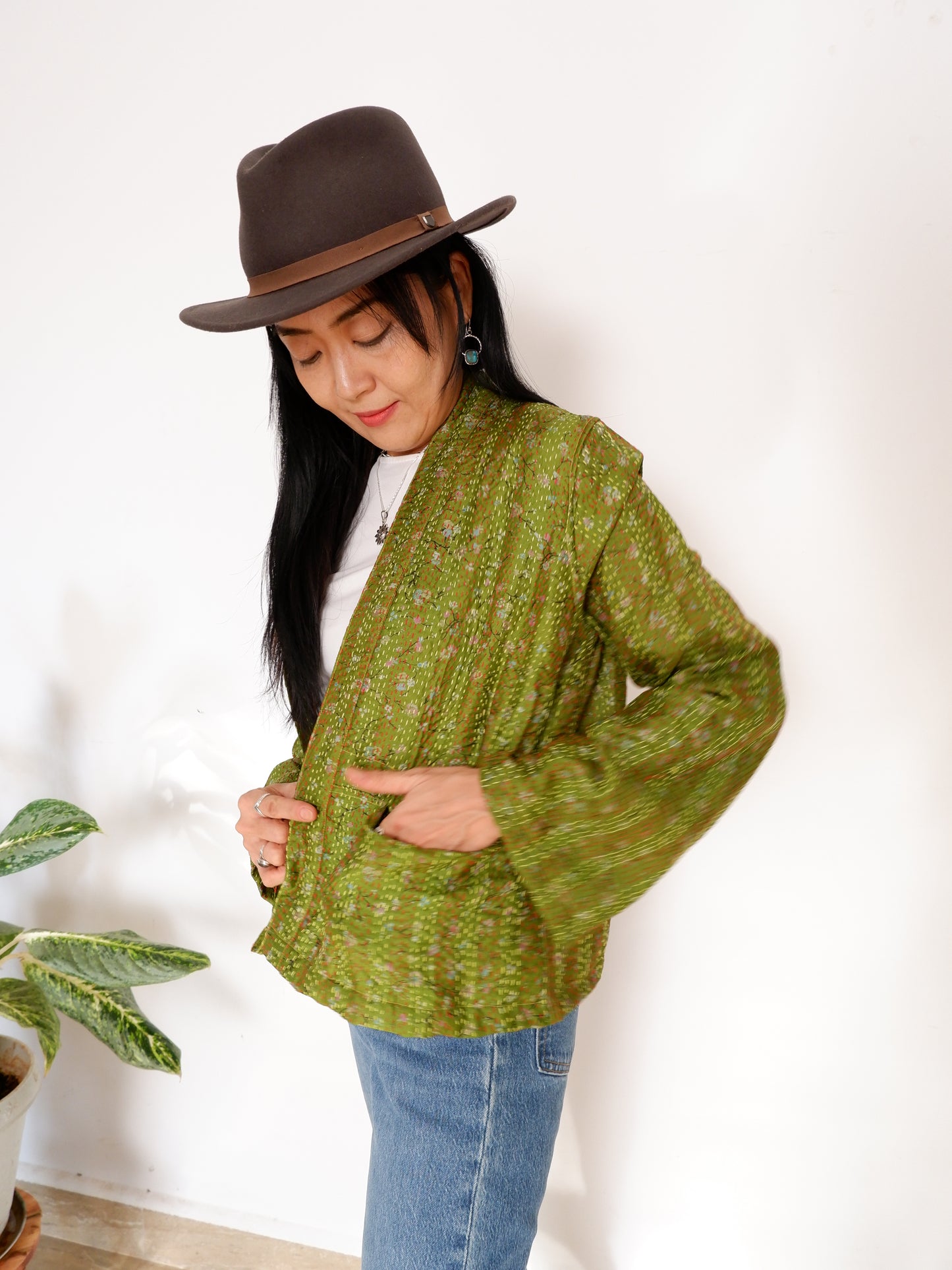 Kantha Jacket in Olive and Peach