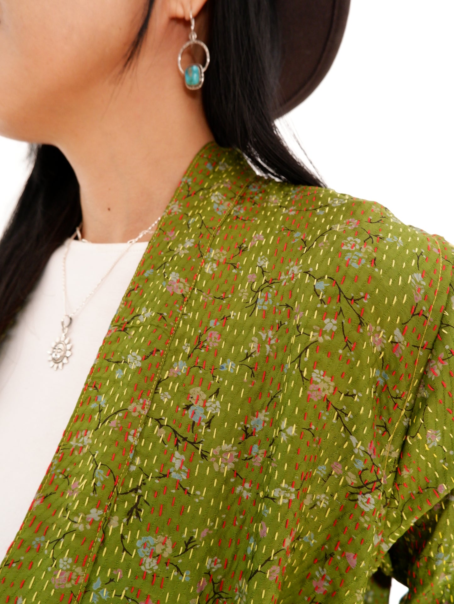 Kantha Jacket in Olive and Peach