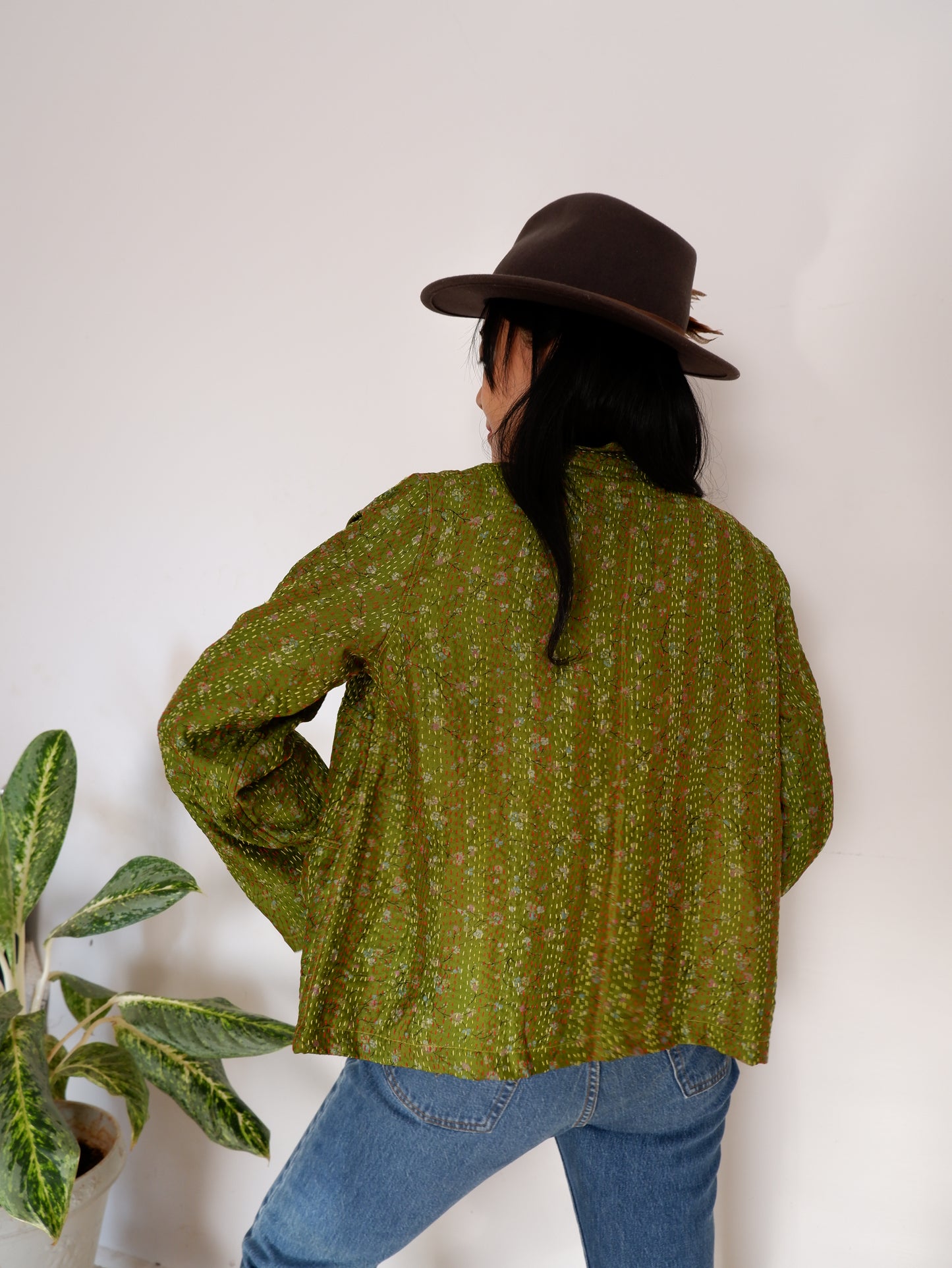Kantha Jacket in Olive and Peach