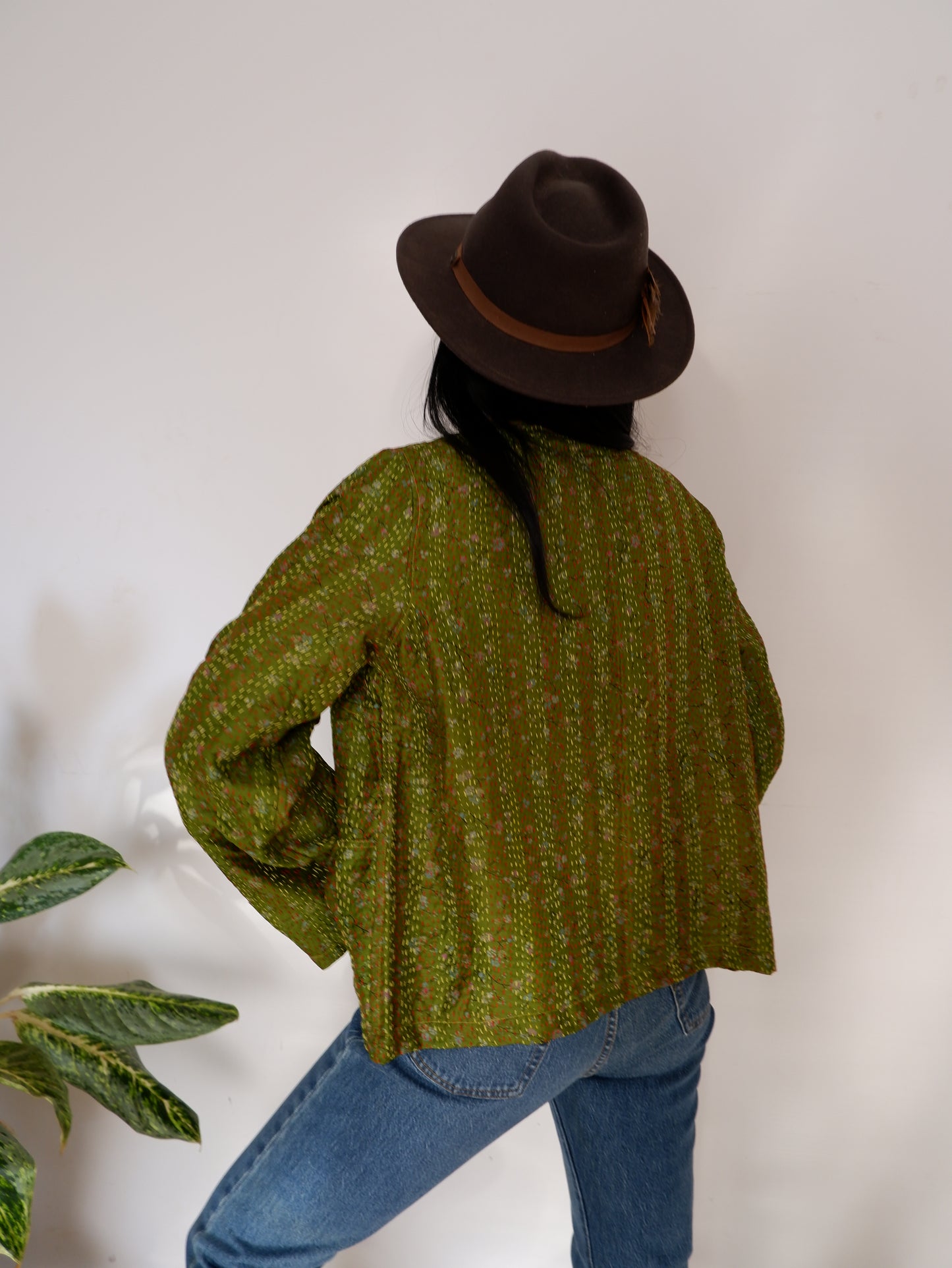 Kantha Jacket in Olive and Peach