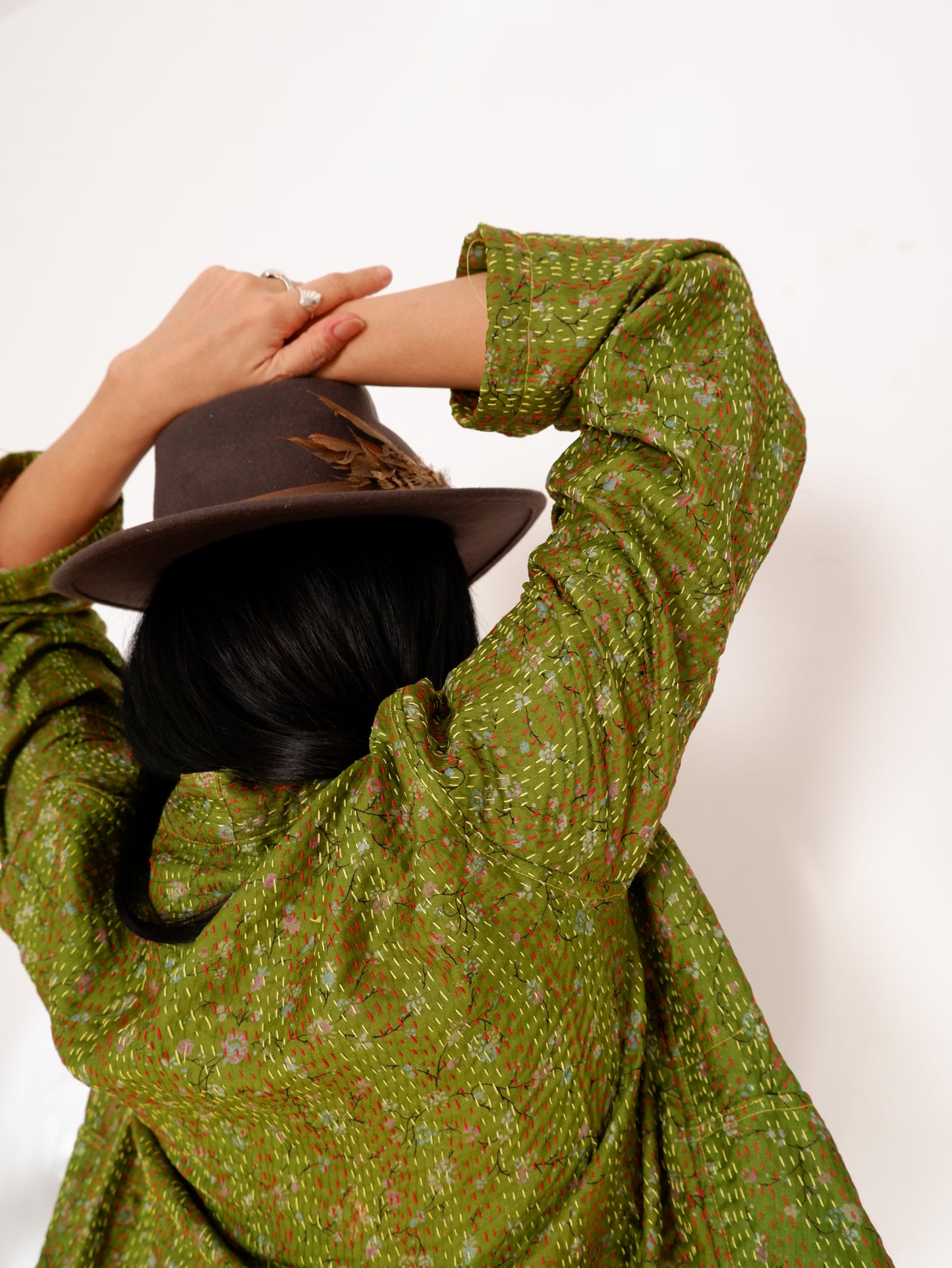 Kantha Jacket in Olive and Peach