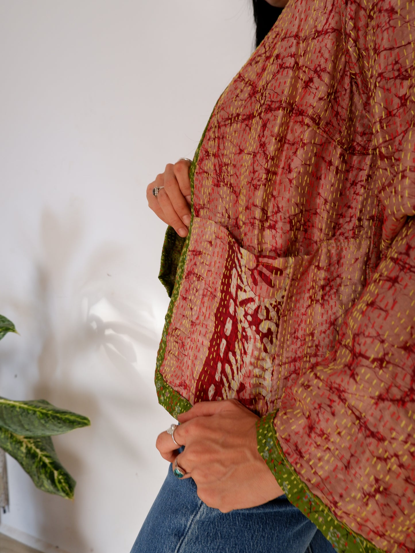 Kantha Jacket in Olive and Peach