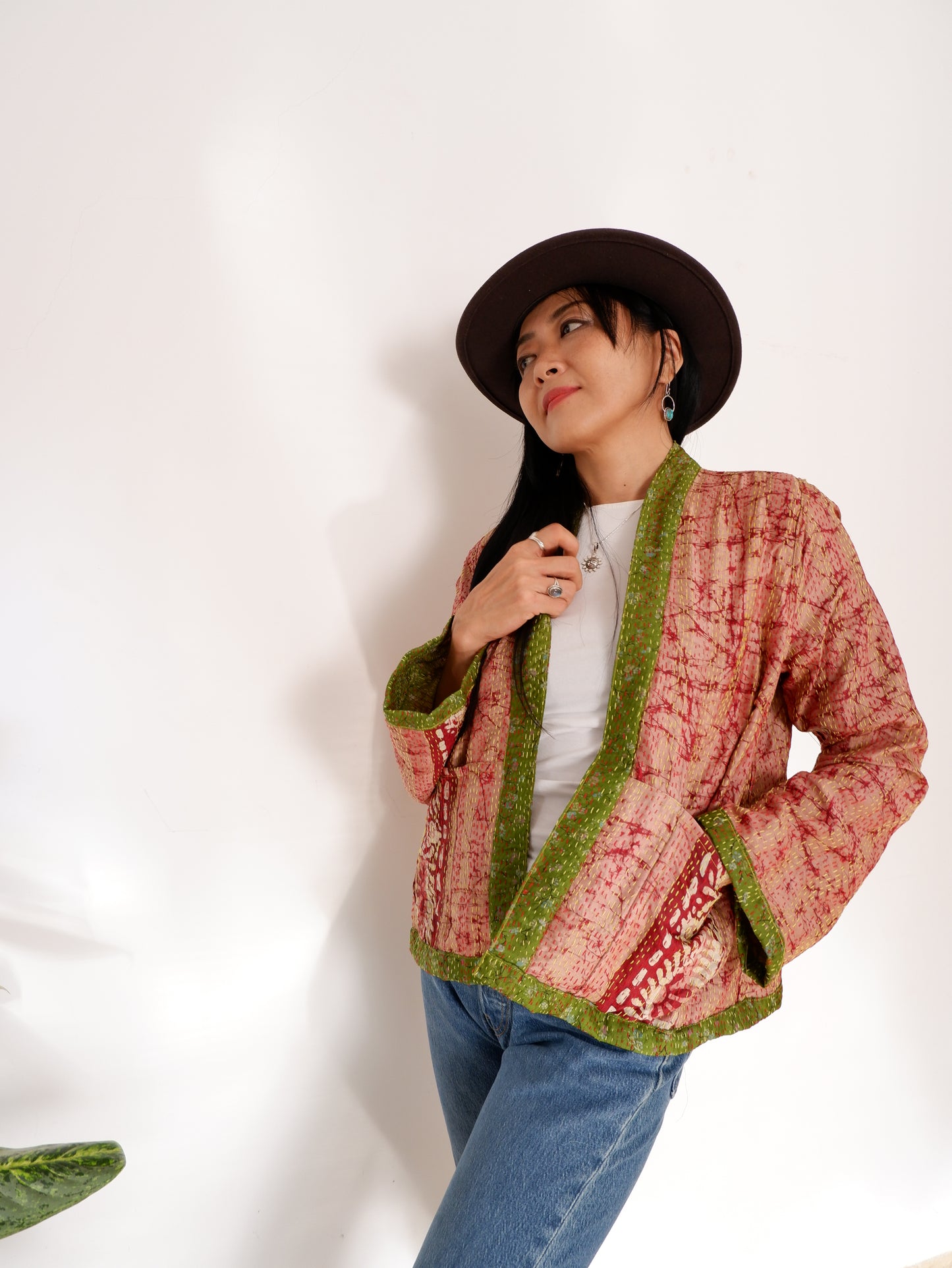 Kantha Jacket in Olive and Peach