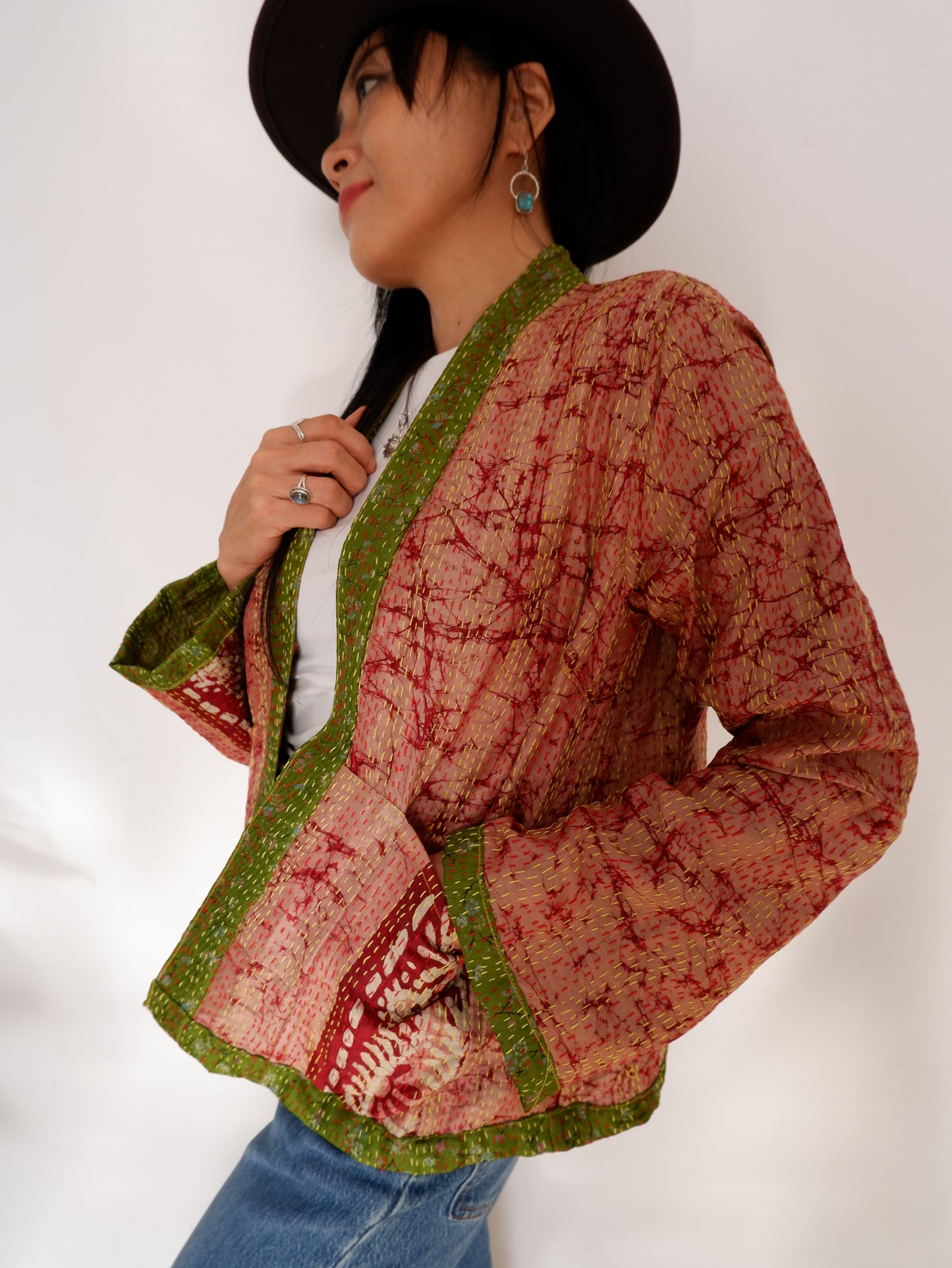 Kantha Jacket in Olive and Peach