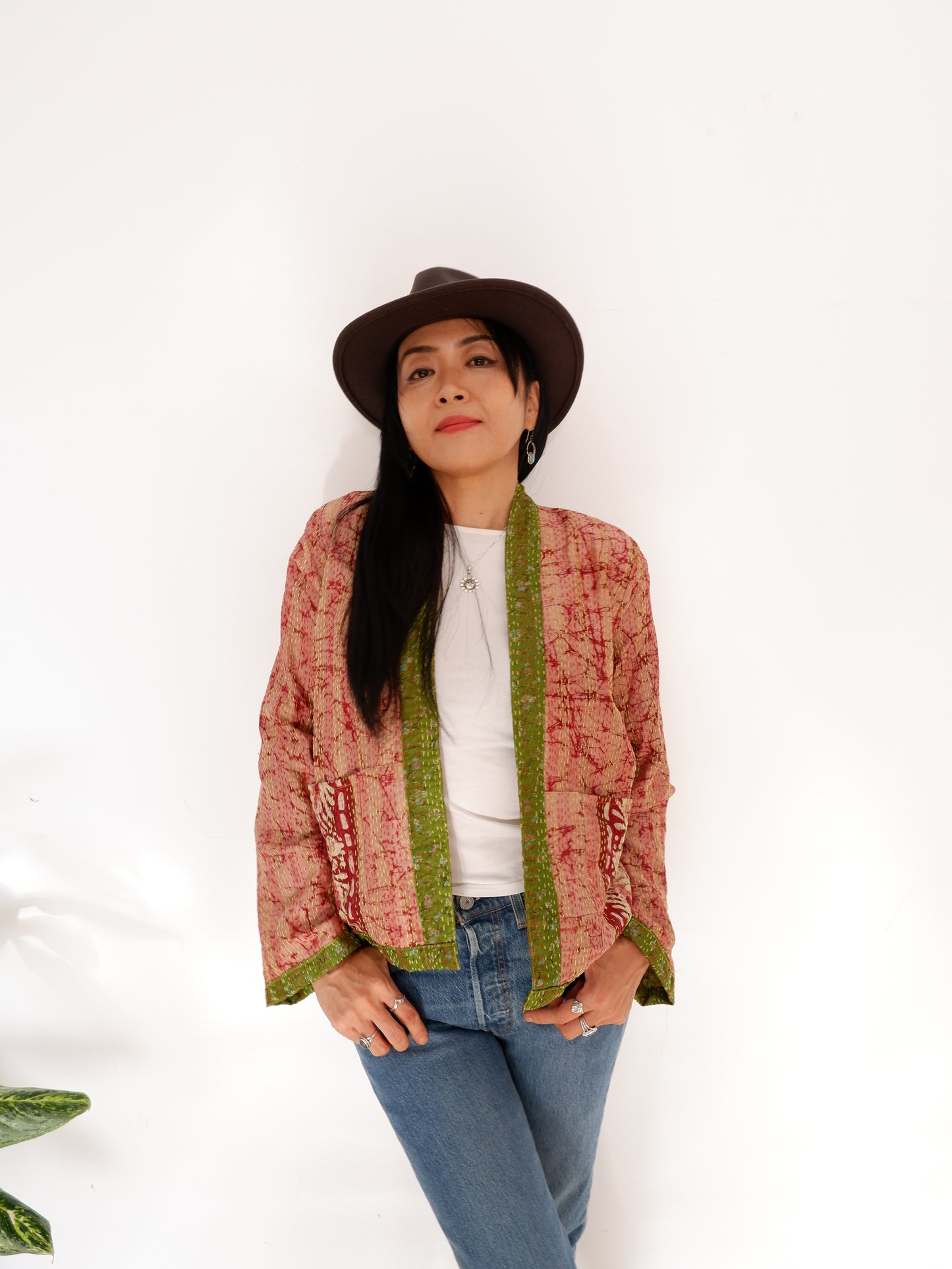 Kantha Jacket in Olive and Peach