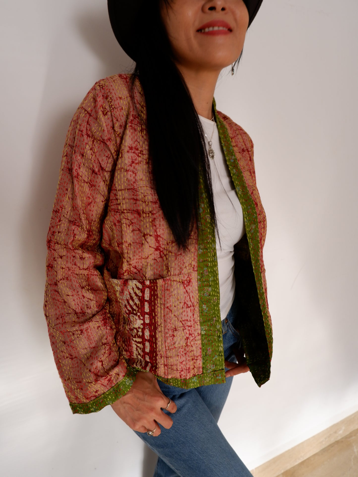 Kantha Jacket in Olive and Peach