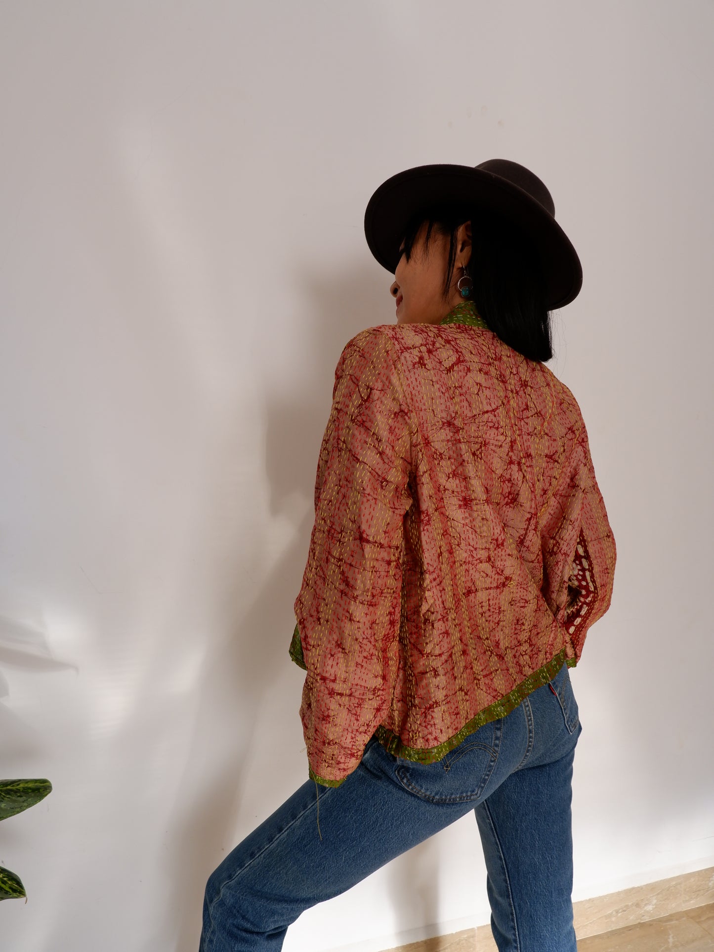 Kantha Jacket in Olive and Peach