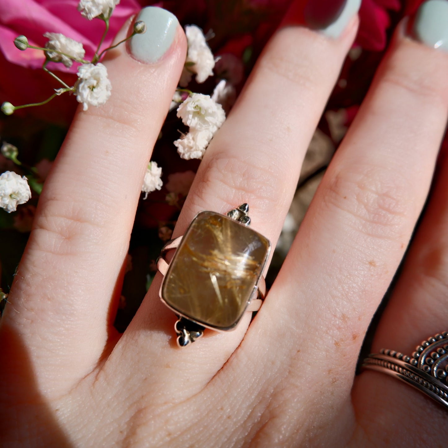 Gold Rutilated Quartz Square Ring