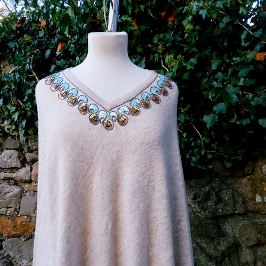 Cashmere Poncho - Biscuit with Blue Sequin