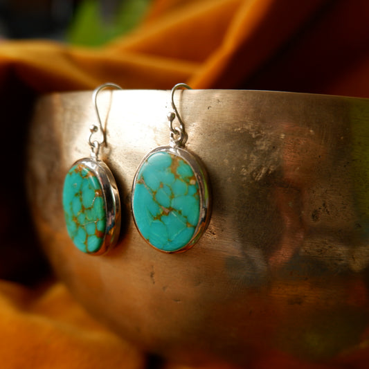 Alexandra- Gold rutilated Turquoise Oval Earrings