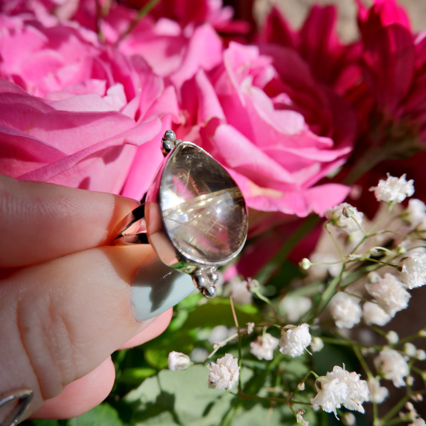 Gold Rutilated Quartz Pear Ring