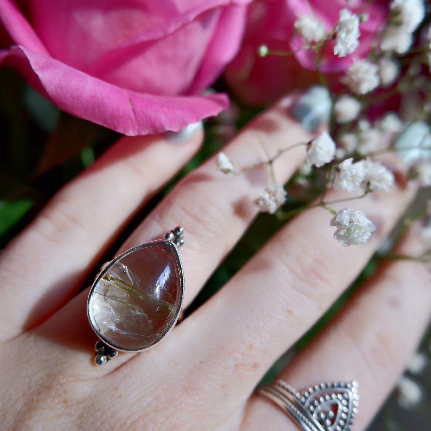 Gold Rutilated Quartz Pear Ring