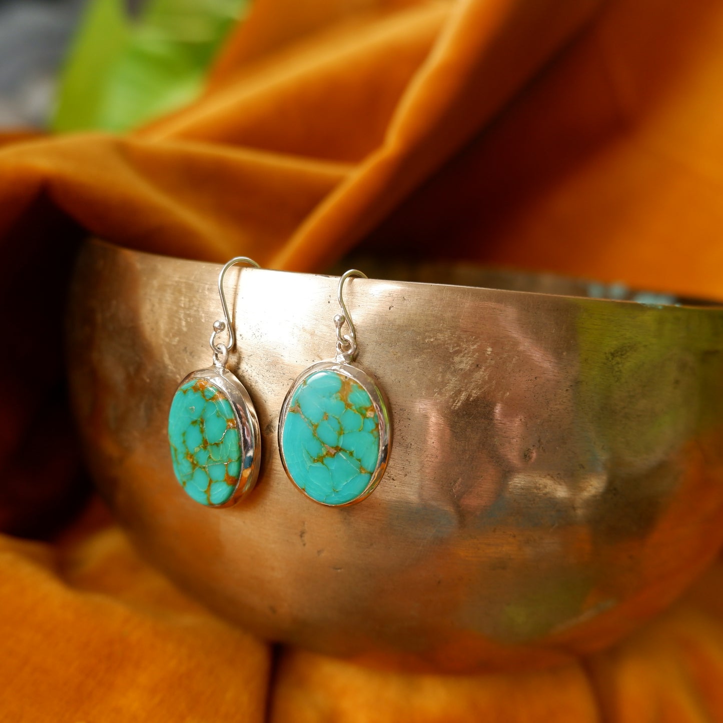 Alexandra- Gold rutilated Turquoise Oval Earrings