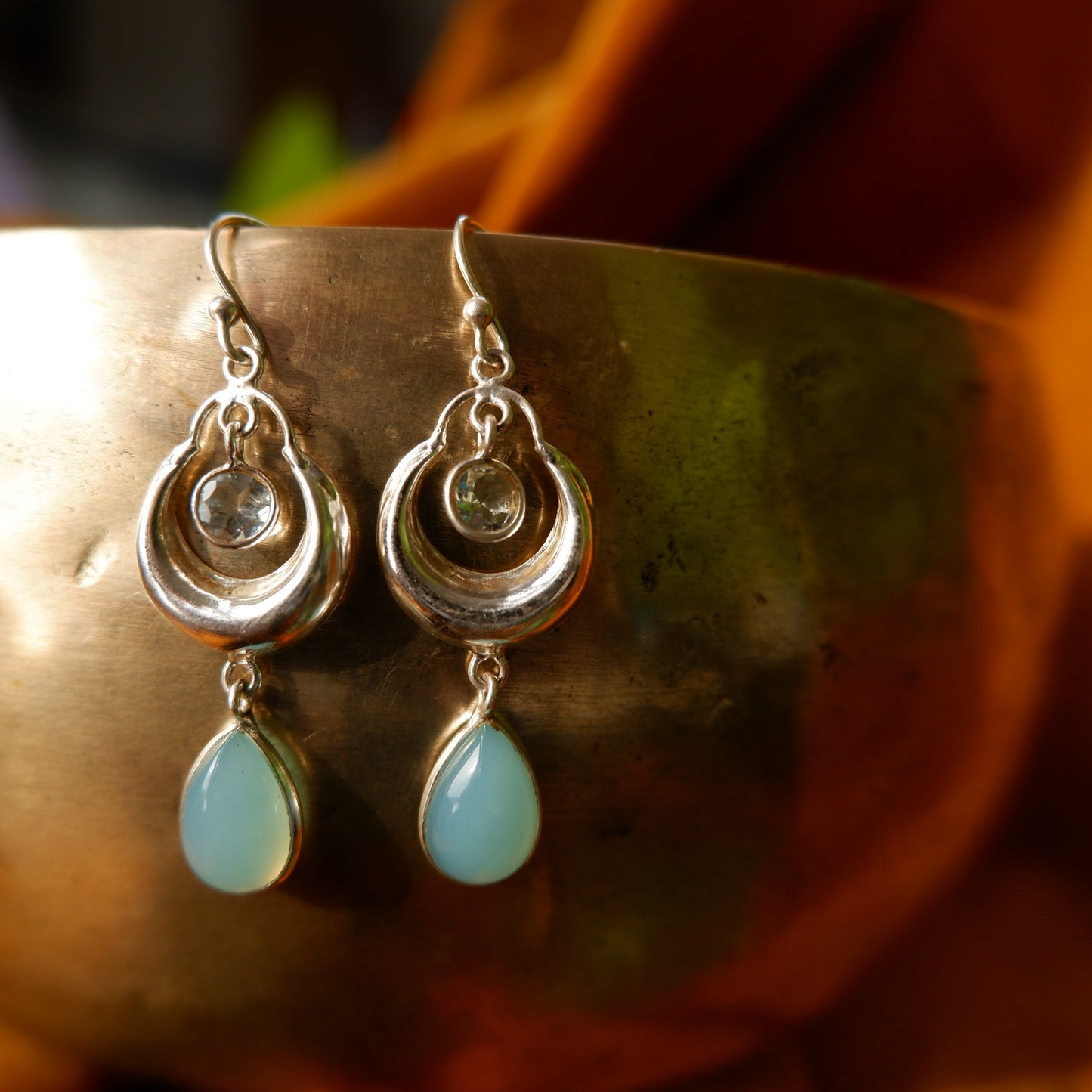 Sofia - Chalcedony with Silver Moon Drop Earrings