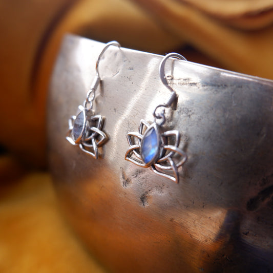 Gaia - Moonstone Lotus Silver Drop Earrings