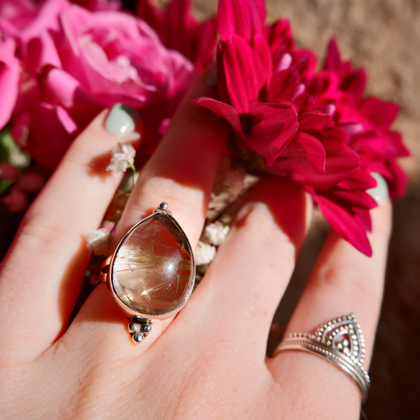 Gold Rutilated Quartz Pear Ring