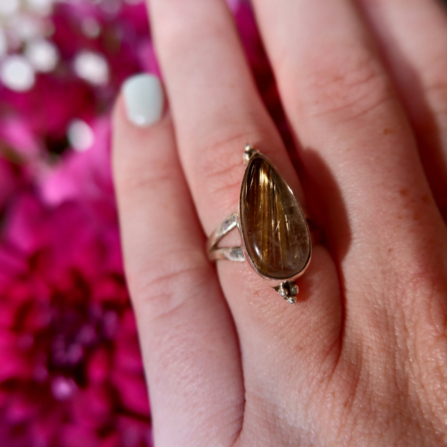 Gold Rutilated Quartz Pear Ring