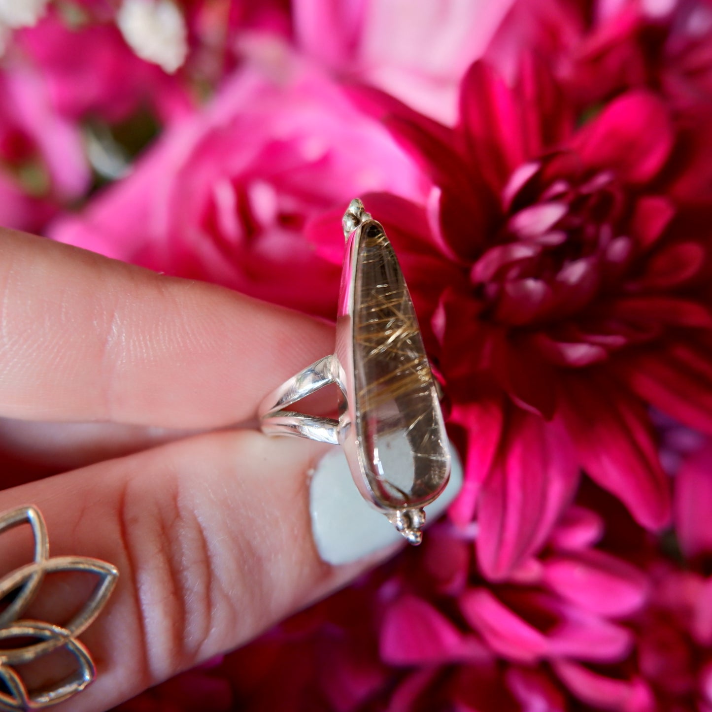 Gold Rutilated Quartz Narrow Pear Ring