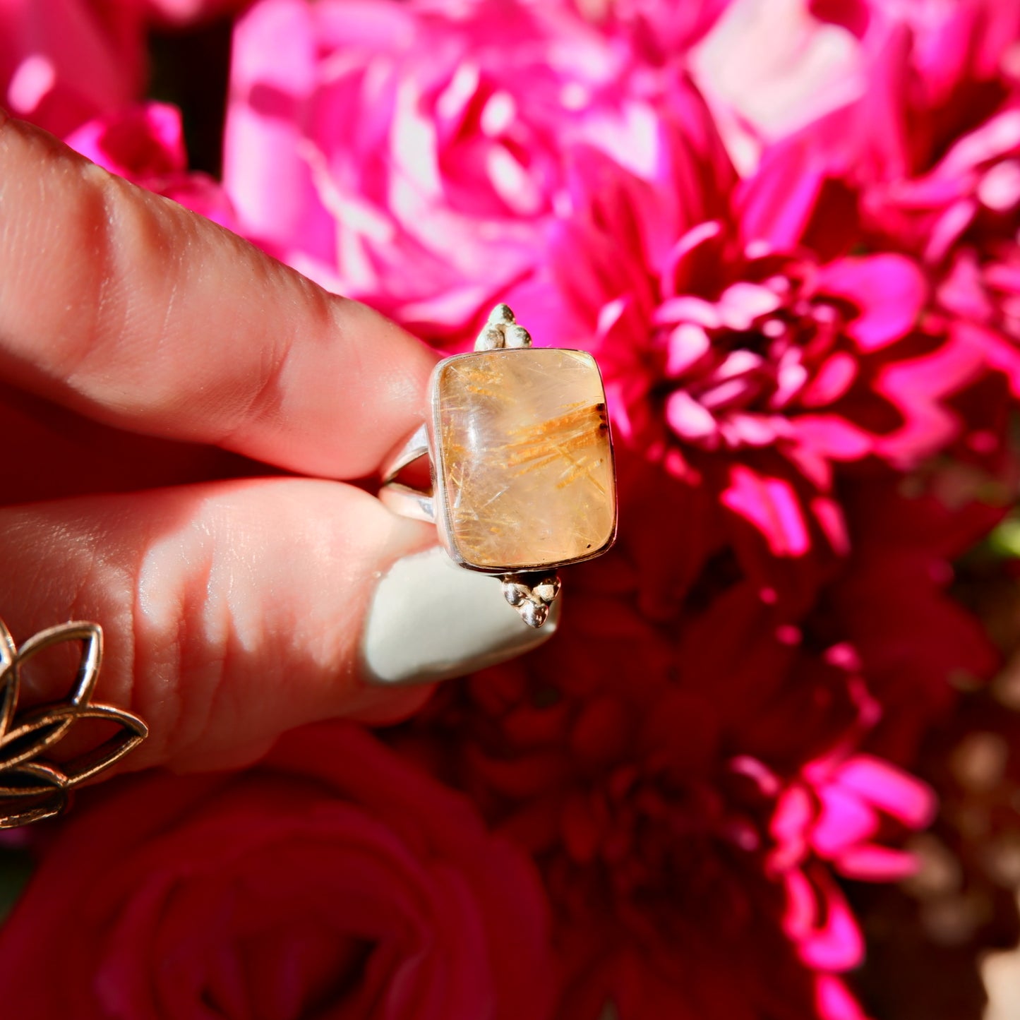 Gold Rutilated Quartz Square Ring