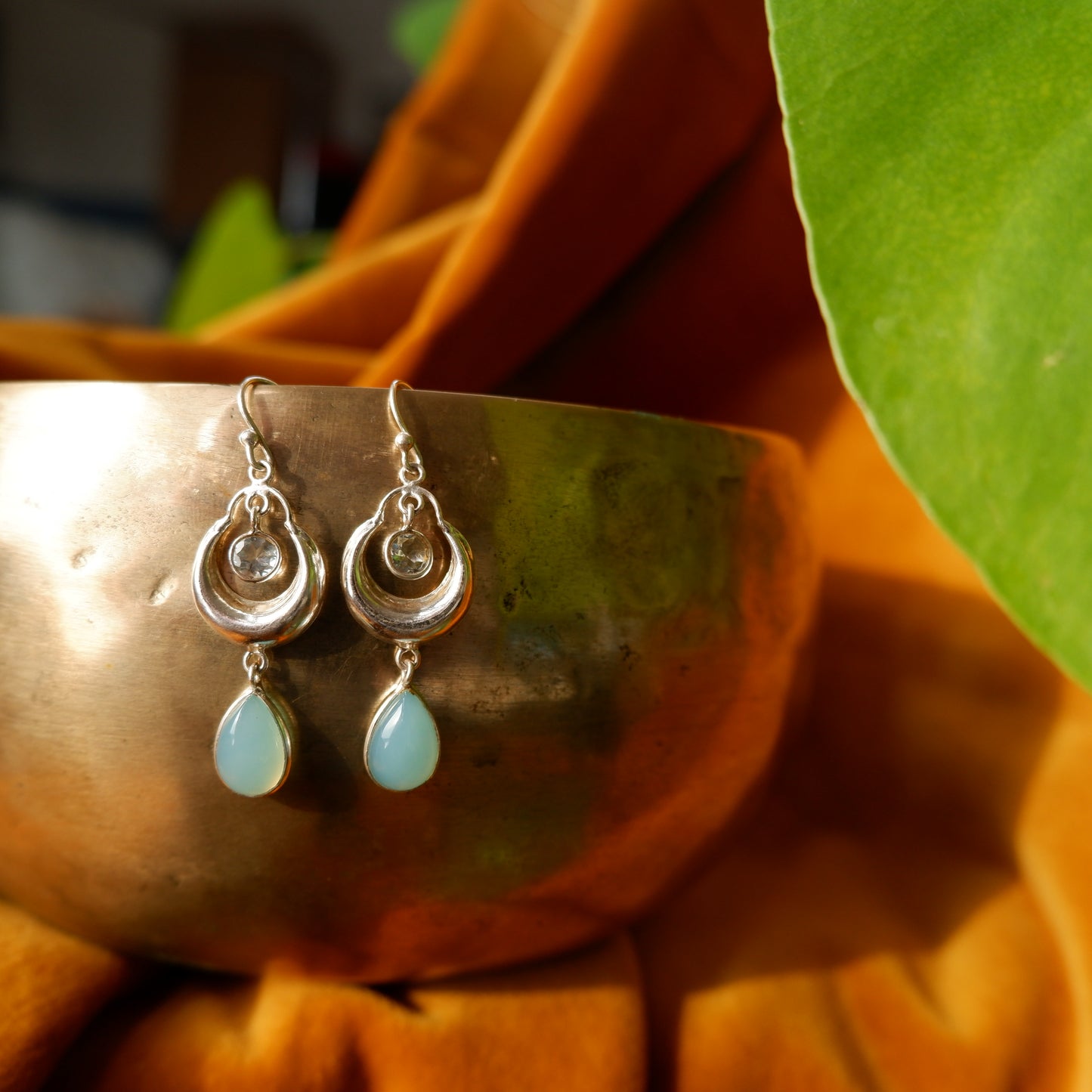 Sofia - Chalcedony with Silver Moon Drop Earrings