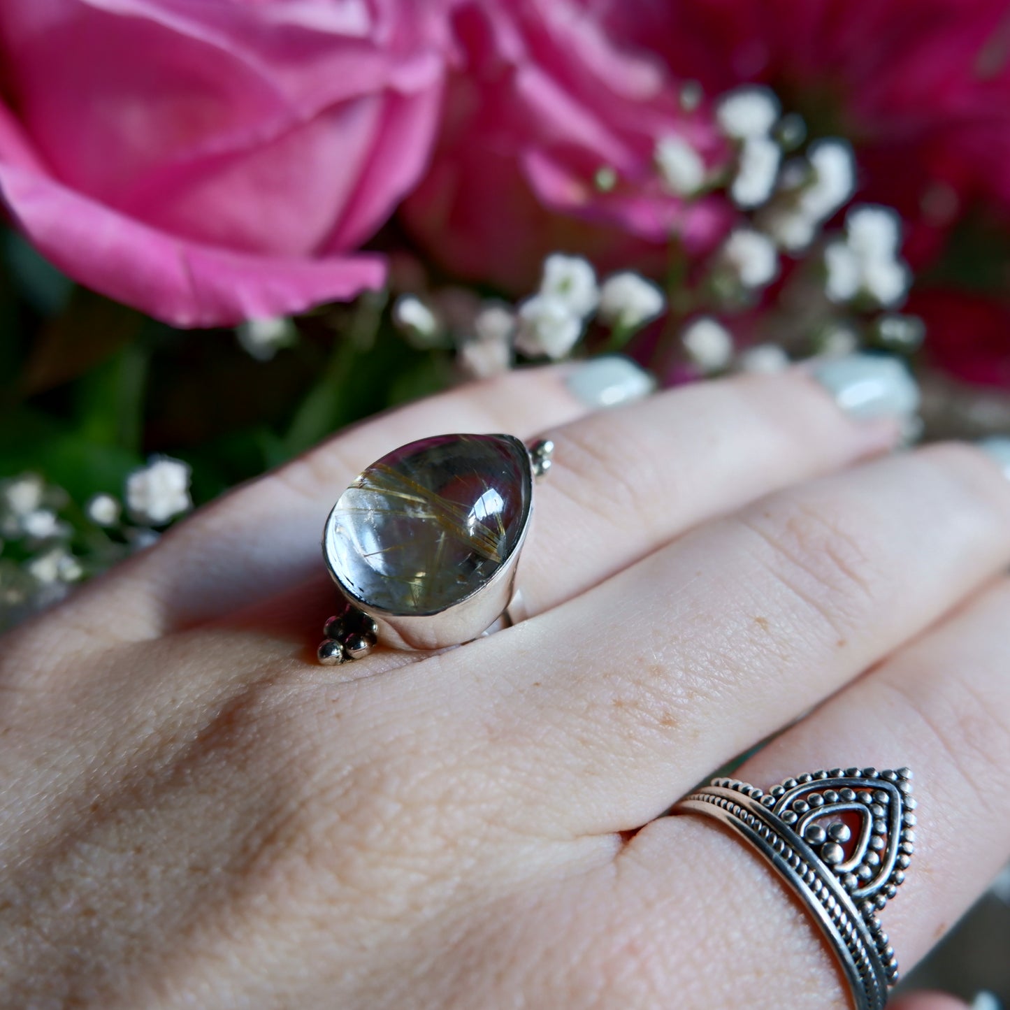 Gold Rutilated Quartz Pear Ring