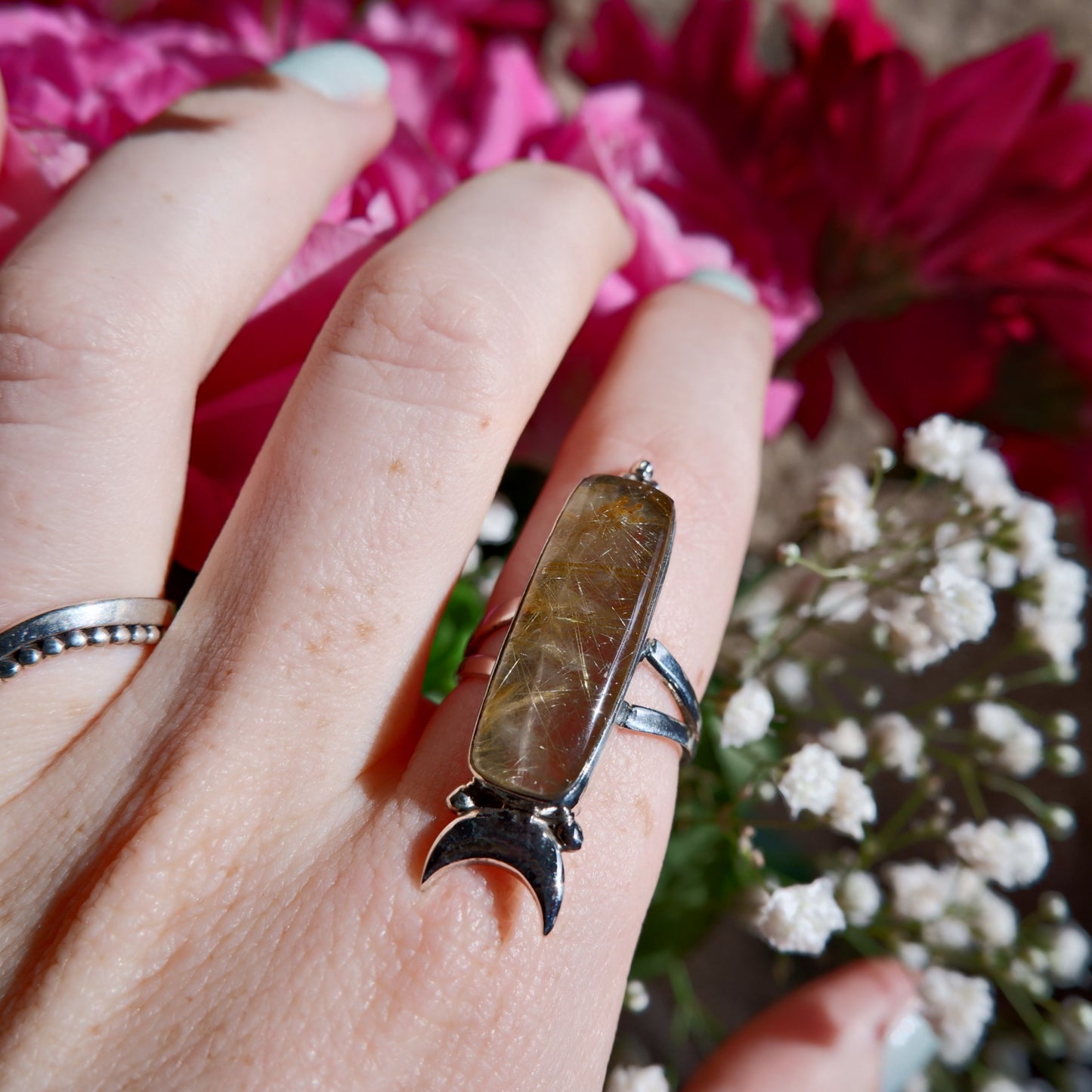 Gold Rutilated Quartz Oblong Moon Ring